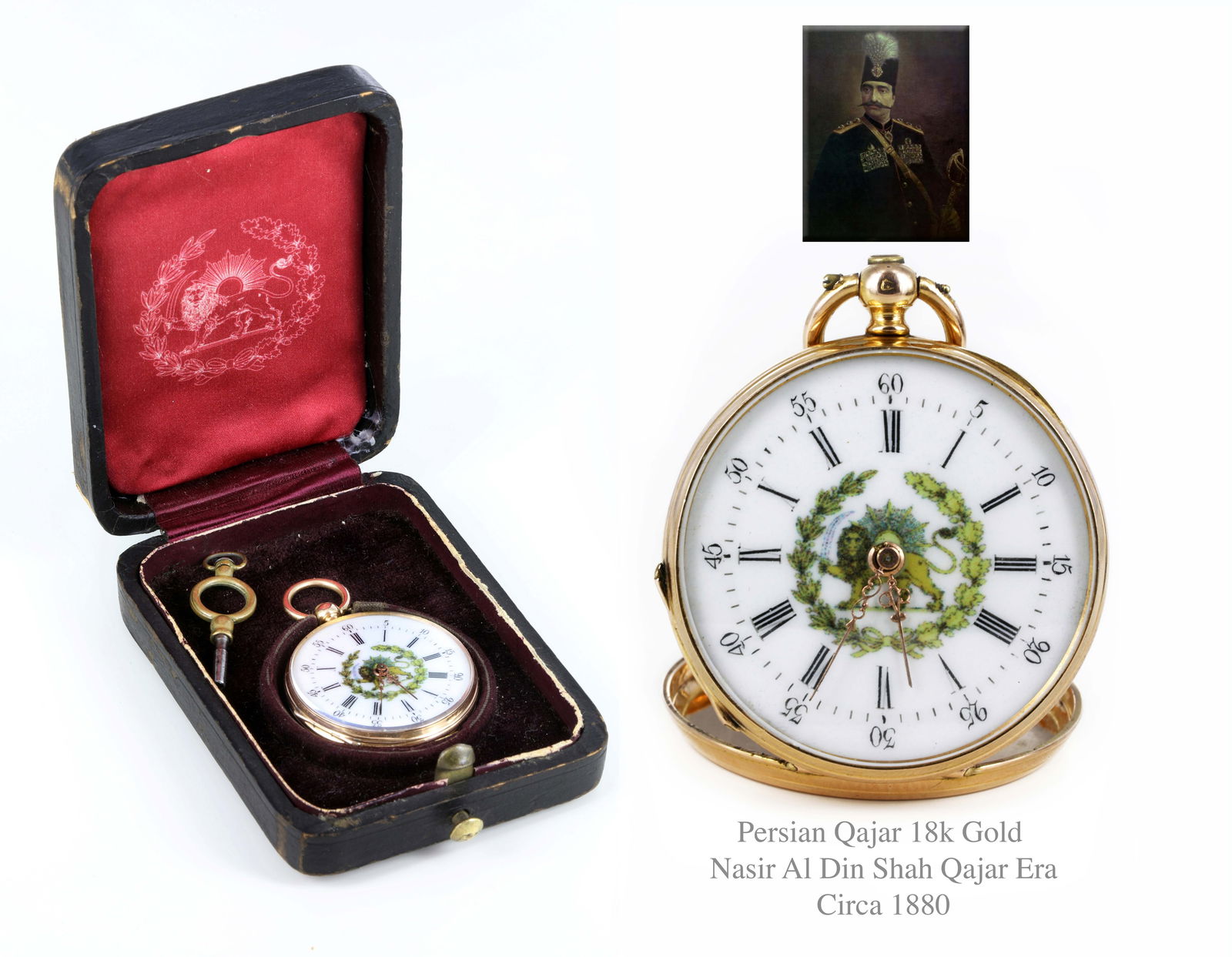 19th C. Persian Royal Qajar 18K Solid Gold Pocket Watch In Original Box & Key: A Persian Royal Qajar (Nasir Al Din Shah Qajar Era) 18K Solid Gold with original box and key. circa 1880, 22 grams, D 32 mm