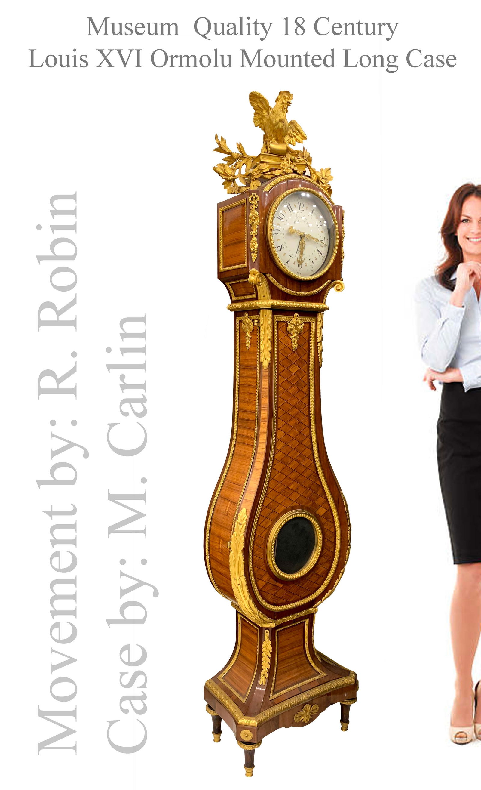 18th C. Museum Quality French Louis XVI Style Bronze Long Case Clock: 18th C. Museum Quality Louis XVI Ormolu Mounted Long Case Clock, Movement made by R. Robin (1742-1809), Case made by M. Carlin (1782). H 85" x W 20"