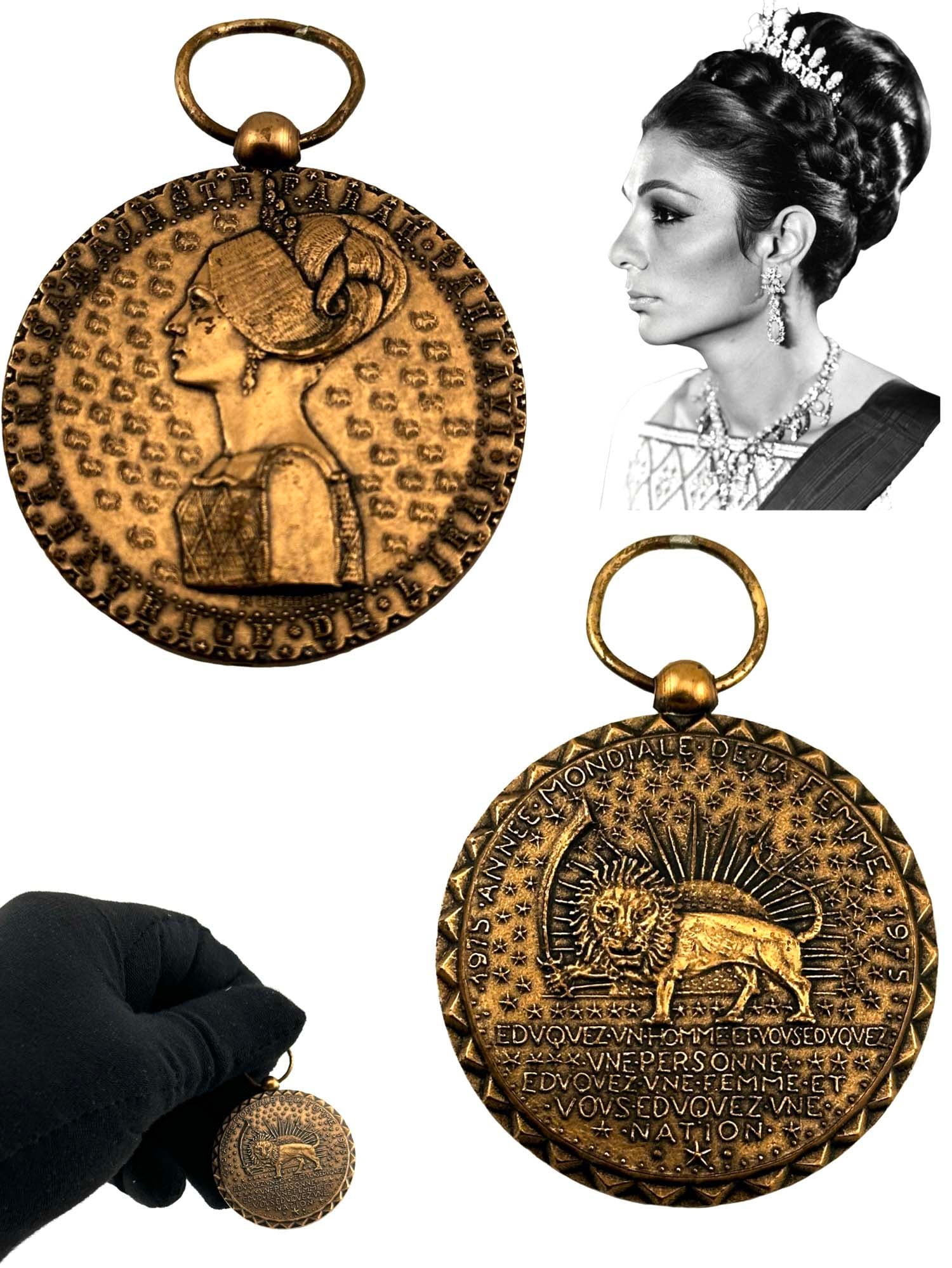 Iran Persian Pahlavi Era, 1975 International Women's Year Commemorative Bronze Medal: Iran Persian Pahlavi Era, 1975 International Women's Year Commemorative Bronze Medal (54.13 grams 39 mm). Made in France by Artist A de JAEGER, Medal Obverse: Queen Farah Pahlavi of Persia, several Sm
