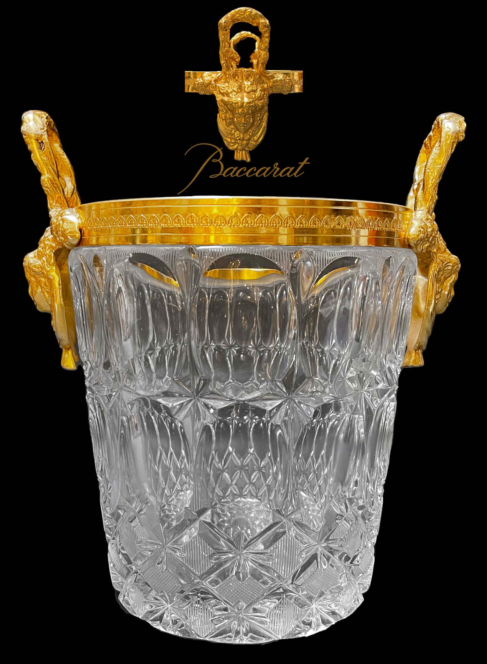 19th C. French Baccarat Crystal Bronze Ice Bucket: 19th C. French Baccarat Crystal Bronze Ice Bucket. 8" X 8" X 11" H