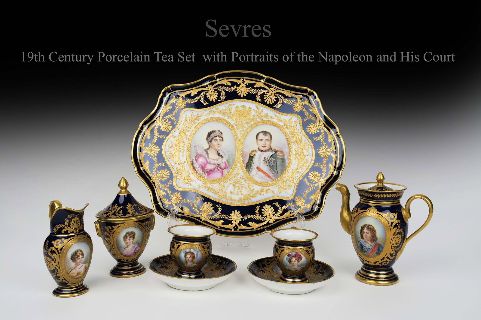 19th C. French Sevres Napoleon Portrait Hand Painted Tea Set, Signed: 19th C. French Sevres Hand Painted Porcelain tea Set with Portrait of the Napoleon and His Court, Hallmarked. Tray: 14" x 12", Taller piece: H 6.5"
