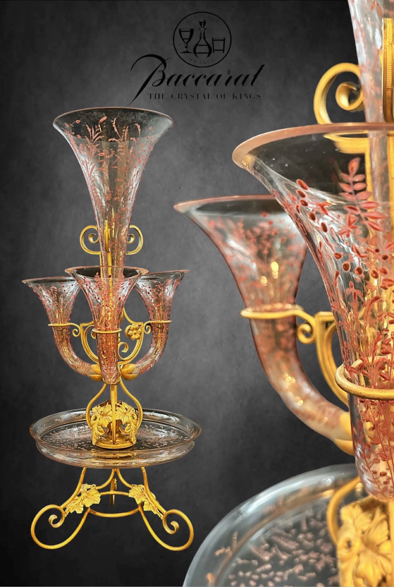 A Large 19th C. French Baccarat Soliflore Enameled Crystal & Bronze Centerpiece: A Large 19th Century French Baccarat Soliflore Enameled Crystal & Bronze Centerpiece. H 24" x W 10"