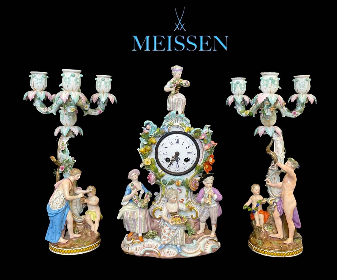 A Fine 19th C. German Meissen Hand Painted Porcelain Figural Clock Set, Hallmarked: A Fine 19th C. German Meissen Hand Painted Porcelain Figural Clock Set, Hallmarked. Clock: H 15" x 8" x 5.5", Candelabras: H 14" x D 8"