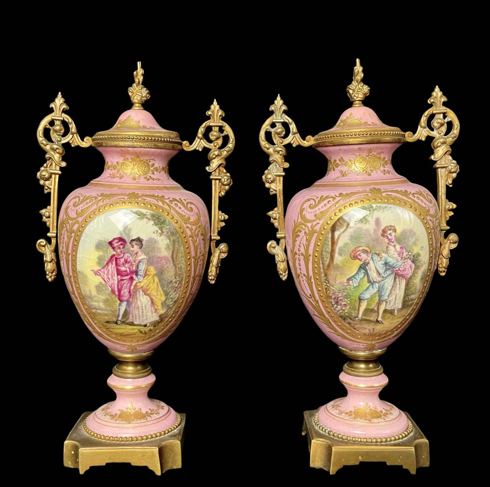 A Pair Of 19th C. French Sevres Hand Painted Porcelain Bronze Covered Vases: A Pair Of 19th C. French Sevres Hand Painted & Signed By Artist Porcelain Bronze Covered Vases. H 11" x 4" x 5.5"