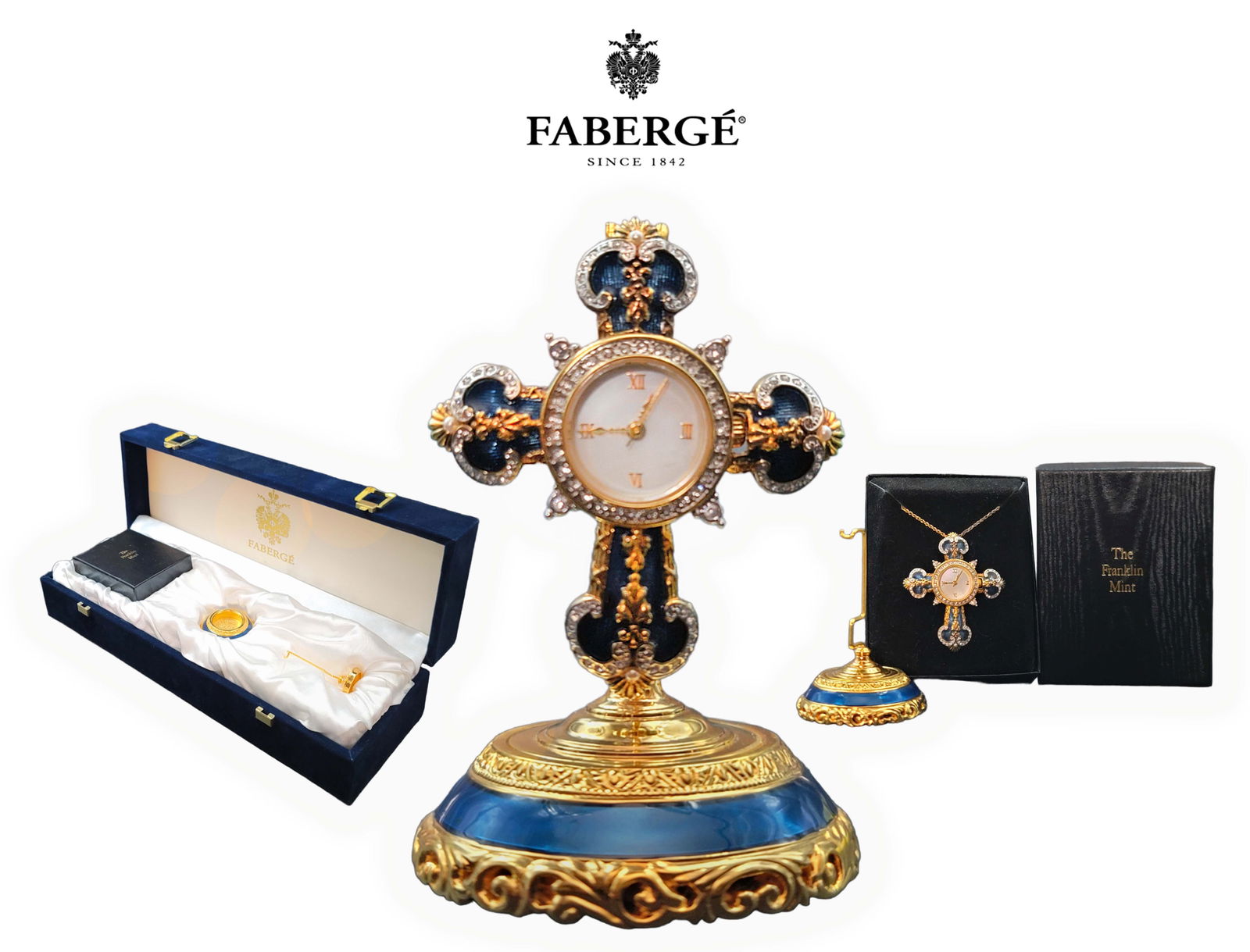 House of FABERGE Sapphire Blue Enamel Crystal Cross Pendant Watch W/ Decorative Base, Boxed: House of Faberge Crystal Cross Pendant Watch Sapphire blue enamel decorates hand-carved pattern Accented with 24kt gold, Austrian crystals and faux pearls Watch face made of mother-of-pearl Can be