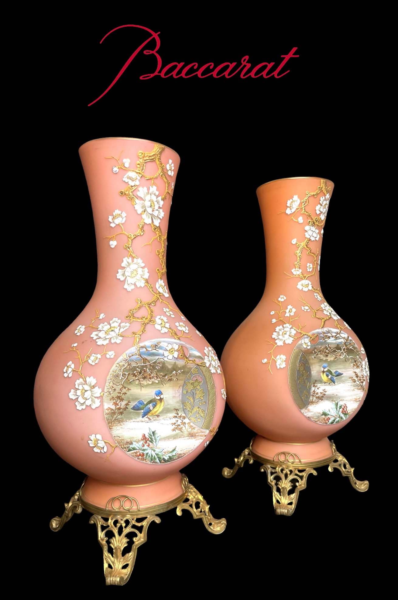 A Fine Large Pair Of 19th C. French Baccarat Hand Painted Opaline Bronze Vases: A Fine Large Pair Of 19th C. French Baccarat Hand Painted Opaline Bronze Vases. H 16.5" x 8.5" x 6.5"