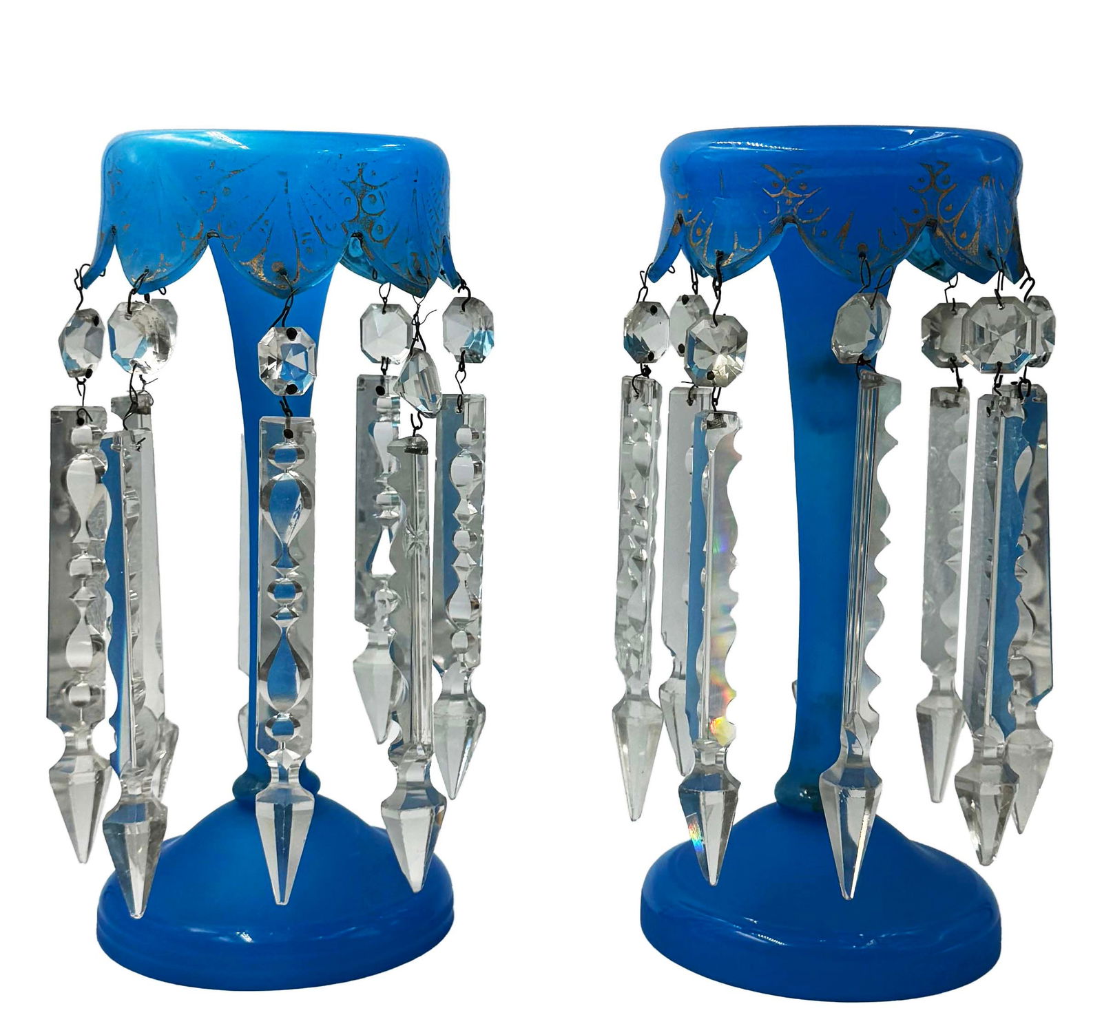A Pair Of Blue Opaline Crystal Luster: A Pair Of French Blue Opaline Crystal Luster. D 6" X H 11"