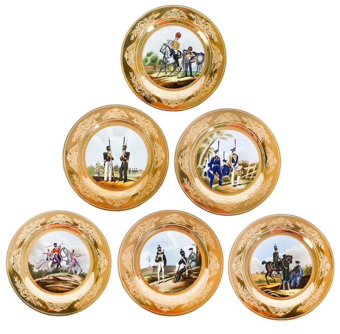 A Set Of Six Russian Hand-painted Porcelain Military plates: A Set Of Six Russian Hand-painted Porcelain Military plates. Circa 1900. D 12"