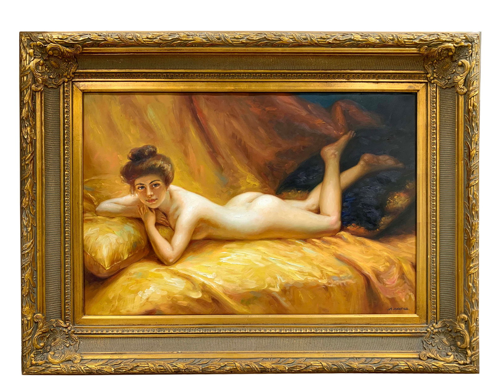 Naked Lady Lying Down, A. Akotiob Signed Oil On Canvas Painting: Naked Lady Lying Down (In Manner of KPM Painting Plaques), An Oil On Canvas Painting. A. Akotiob Signed. 45" x 34"