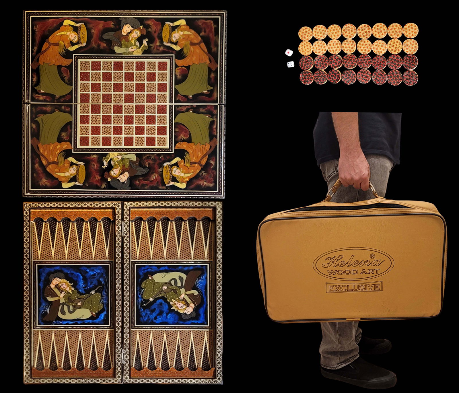 A Persian Shiraz Khatam Inlayed Hand Painted Backgammon Set In Bag, Signed By Artist: An Iranian Persian Shiraz Khatam Inlayed Hand Painted Backgammon Set In Bag, Signed By Artist. With Chess Board on Back of The box. Bag: H 3" x W 15.5" x L 23", Backgammon box open: H 2.5" x W 19.75"