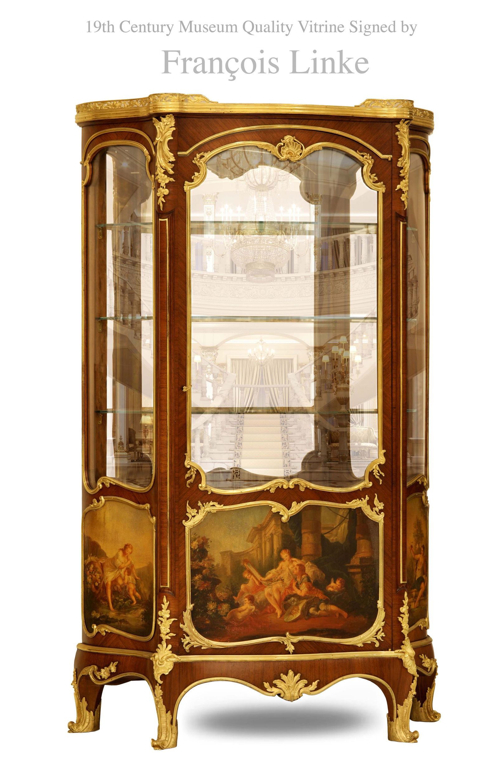 A Museum Quality 19th Century French Francois Linke (1855â€“1946) Bronze Vitrine Cabinet,: A Museum Quality 19th Century French Bronze Vitrine Cabinet with Curved glasses and Hand Painted Signed by Francois Linke. About Artist: Linke was born on 17 June 1855 in the small Bohemian village of