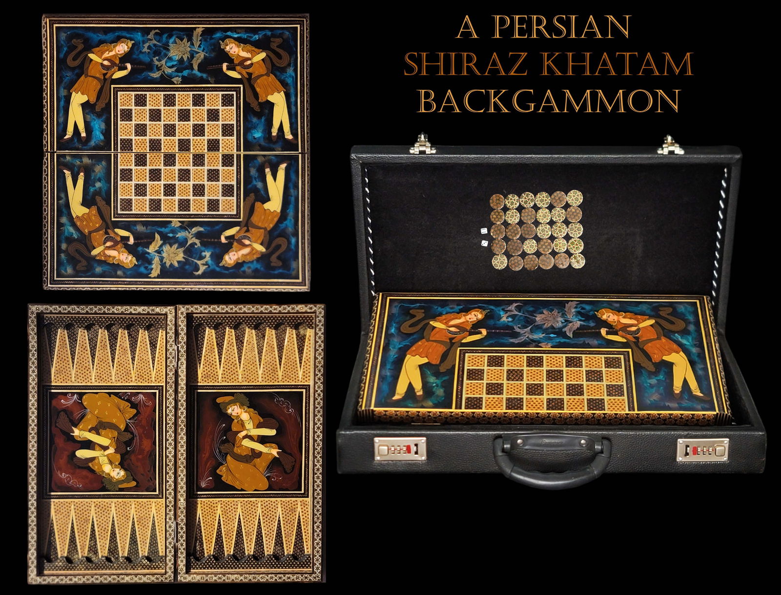 A Persian Shiraz Khatam Inlayed Hand Painted Backgammon Set In Case, Signed By Artist (1 of 6)