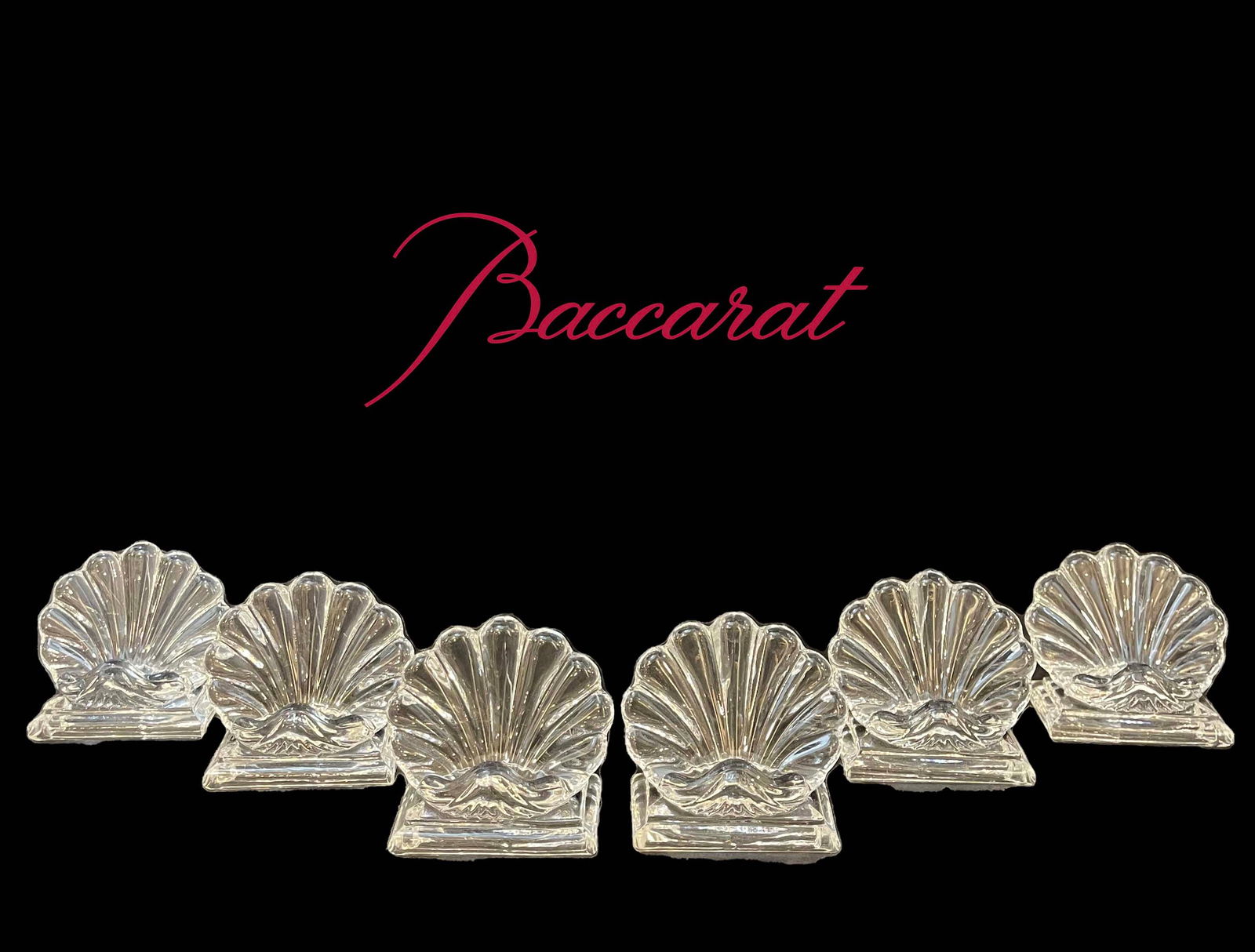 Six Baccarat Crystal Shell Place Card Holders, Signed: Six Baccarat Crystal Shell Place Card Holders, Signed. 2.5" H x 2.5"