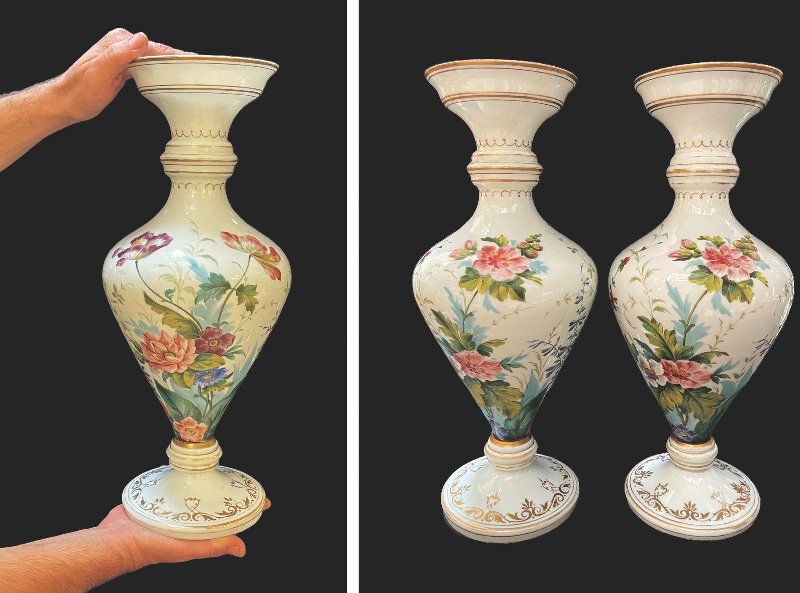 A Pair Of Large 19th C. Baccarat Style Hand Painted Opaline Vases: A Pair Of Large 19th C. Baccarat Style Hand Painted Opaline Vases. 18" H x 7" x 9"