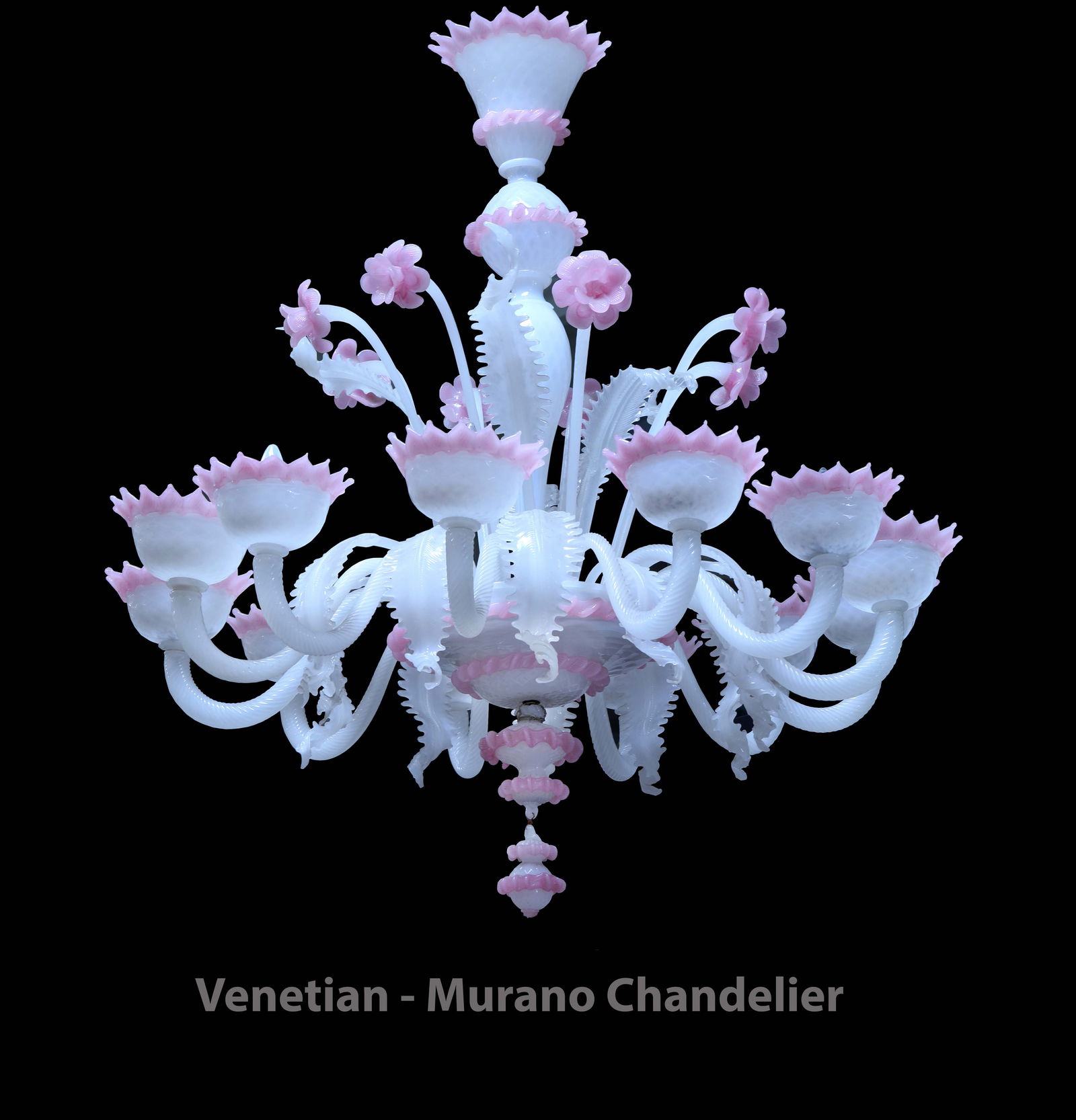 A Large Venetian - Murano Silk White & Pink 12 lights Chandelier: A Large Italian Venetian - Murano Silk White & Pink 12 lights Chandelier. H 45" x D 43"