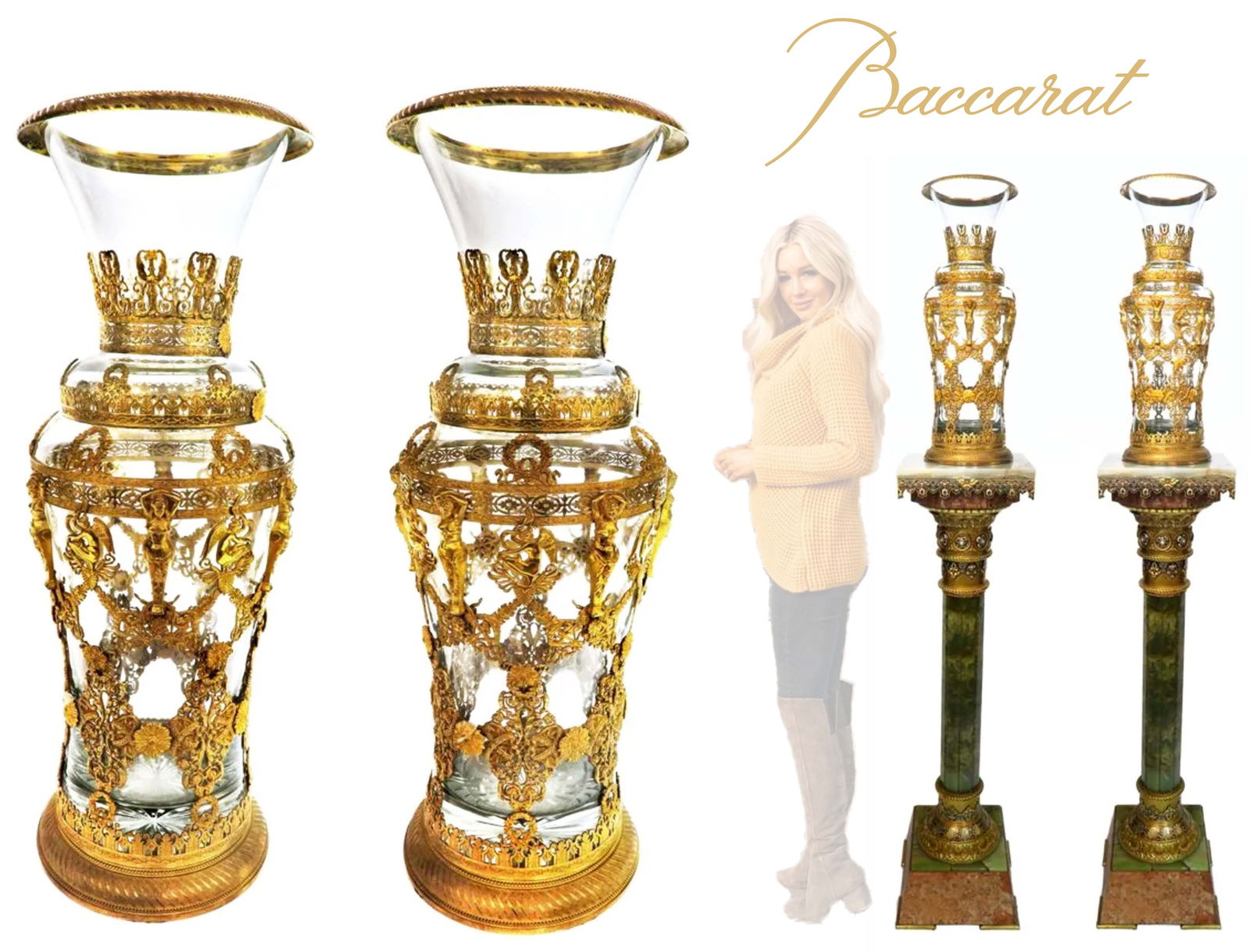 A Pair Of Large 19th C. Baccarat Crystal Figural Ormolu Vases: A Pair of Large 19th C. French Baccarat Crystal Figural Bronze Vases. Note: The pedestals are NOT included! H 21.1/2"