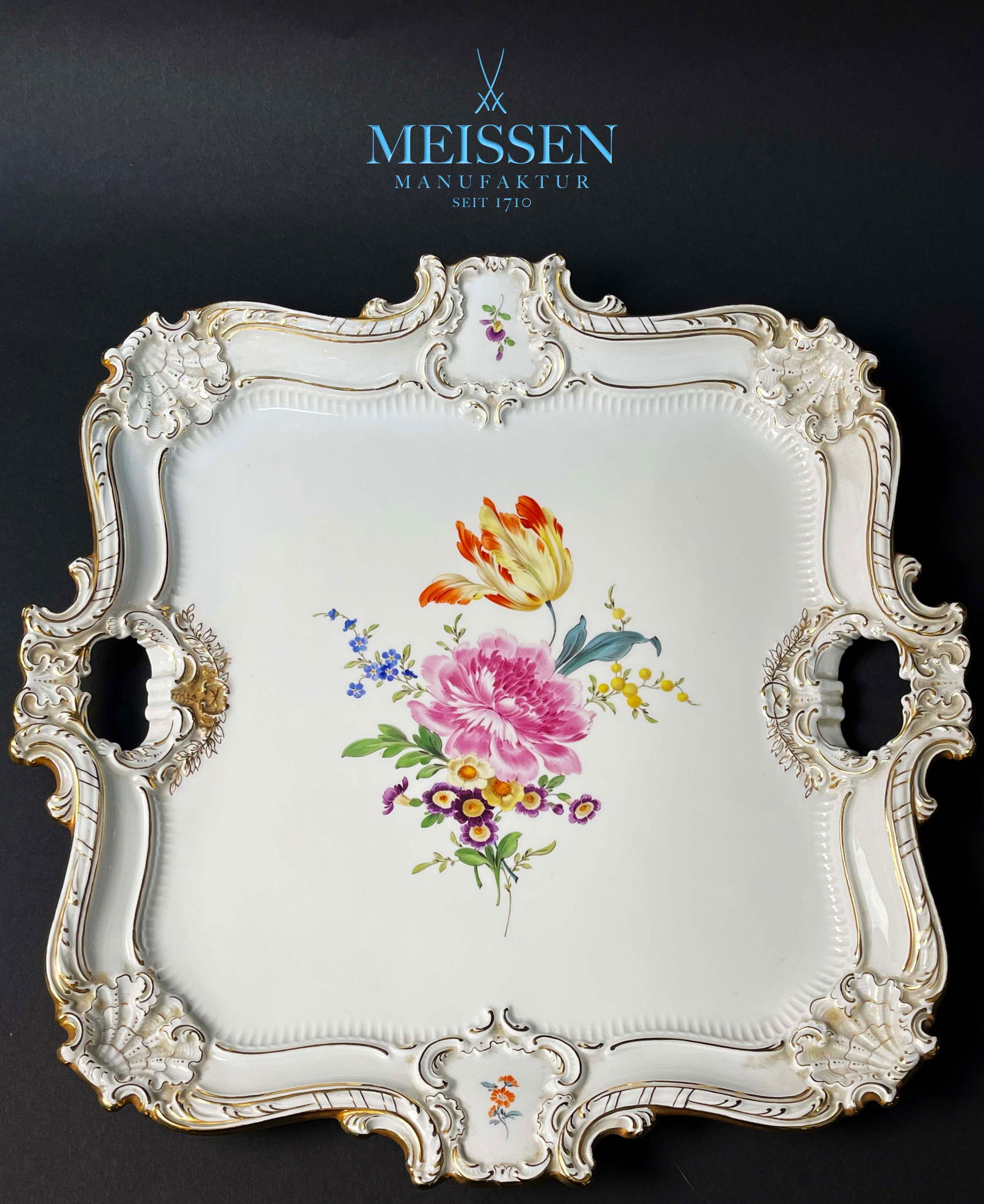 A German Meissen Hand- Painted Porcelain Platter / Serve ware, Signed: A German Meissen Hand- Painted Porcelain Platter / Serve ware, Hallmarked. 16" x 16" x H 2"