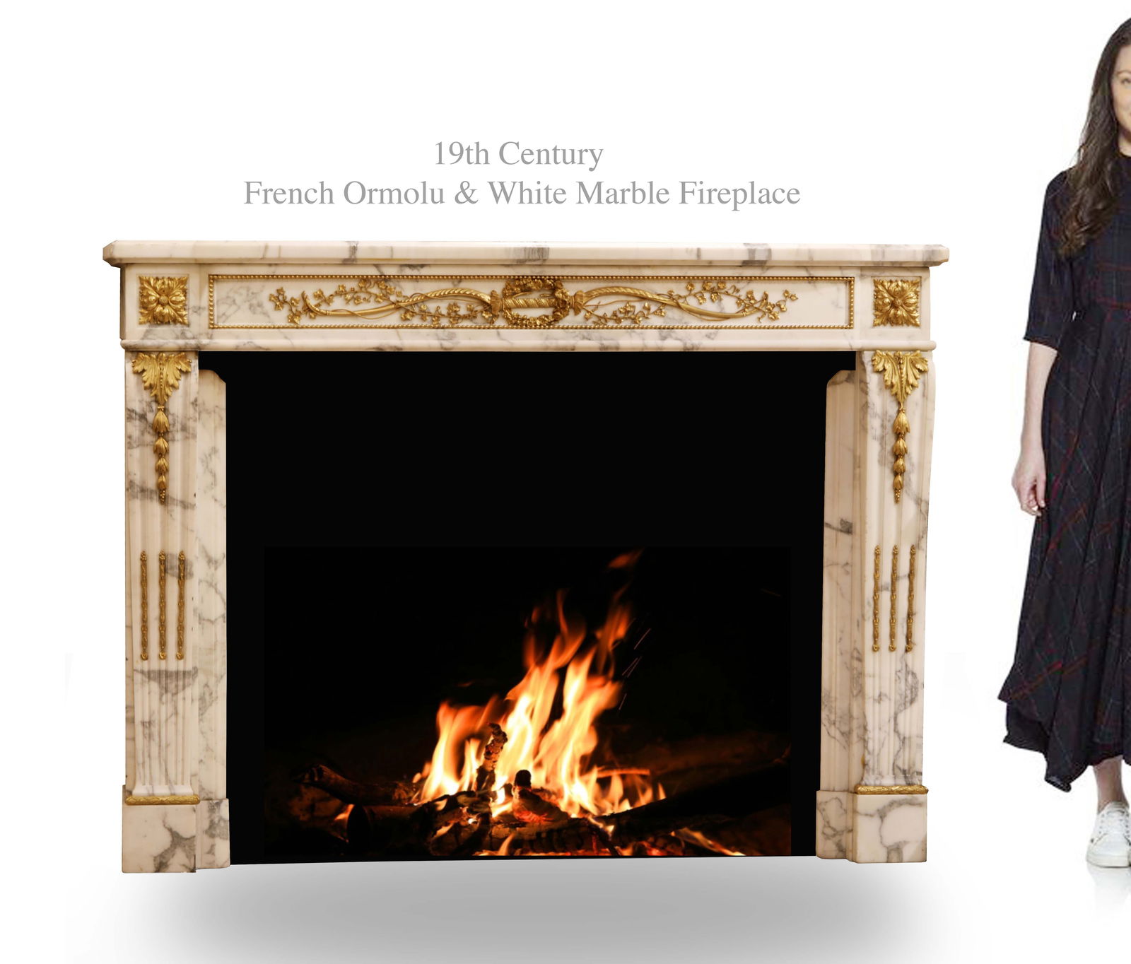 19th Century French Ormolu Mounted White Marble Fireplace: 19th Century French Bronze Mounted White Marble Fireplace. 59" x 15" x H 44"