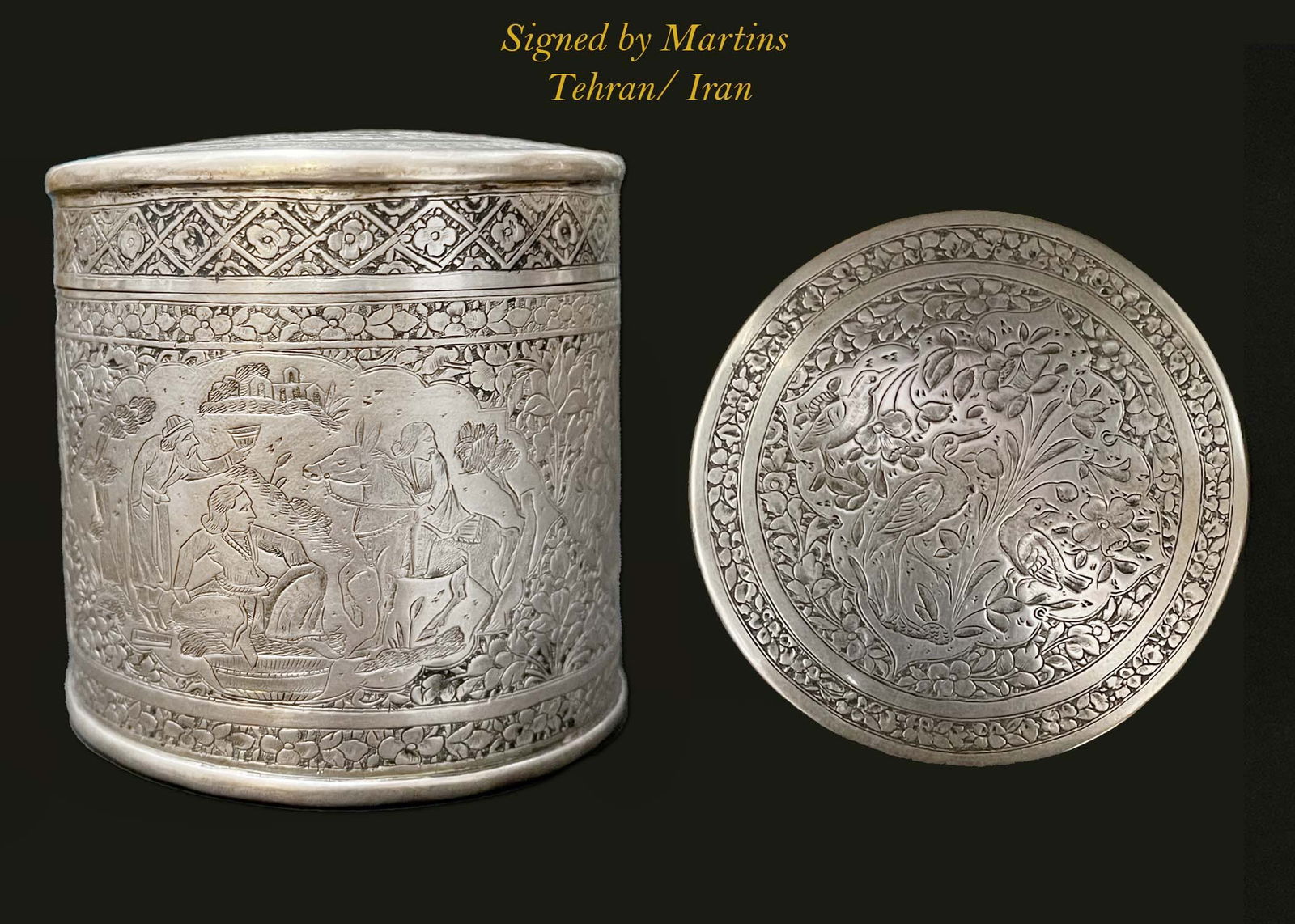 A Persian Engraved Silver Trinket Jewelry Box, Signed: A Persian Engraved Silver Trinket Jewelry Box, Signed by Martin, Tehran / Iran. Weight: 143 Grams. 3" D x 4" H