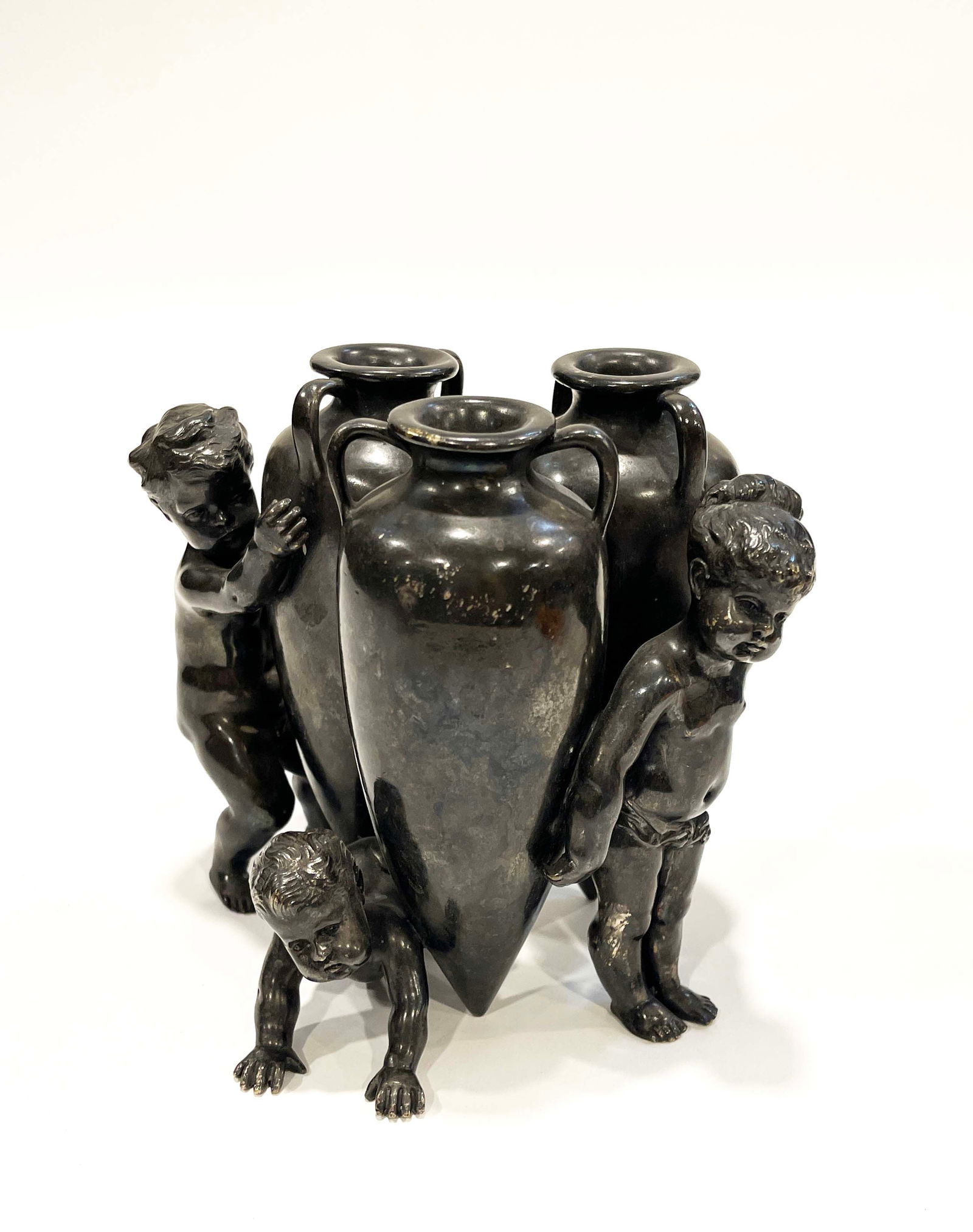 19th C. French Patinated Bronze Figurine Group Vase: 19th C. French Patinated Bronze Figurine Group Vase. 6" x 6.5" x 4.5"