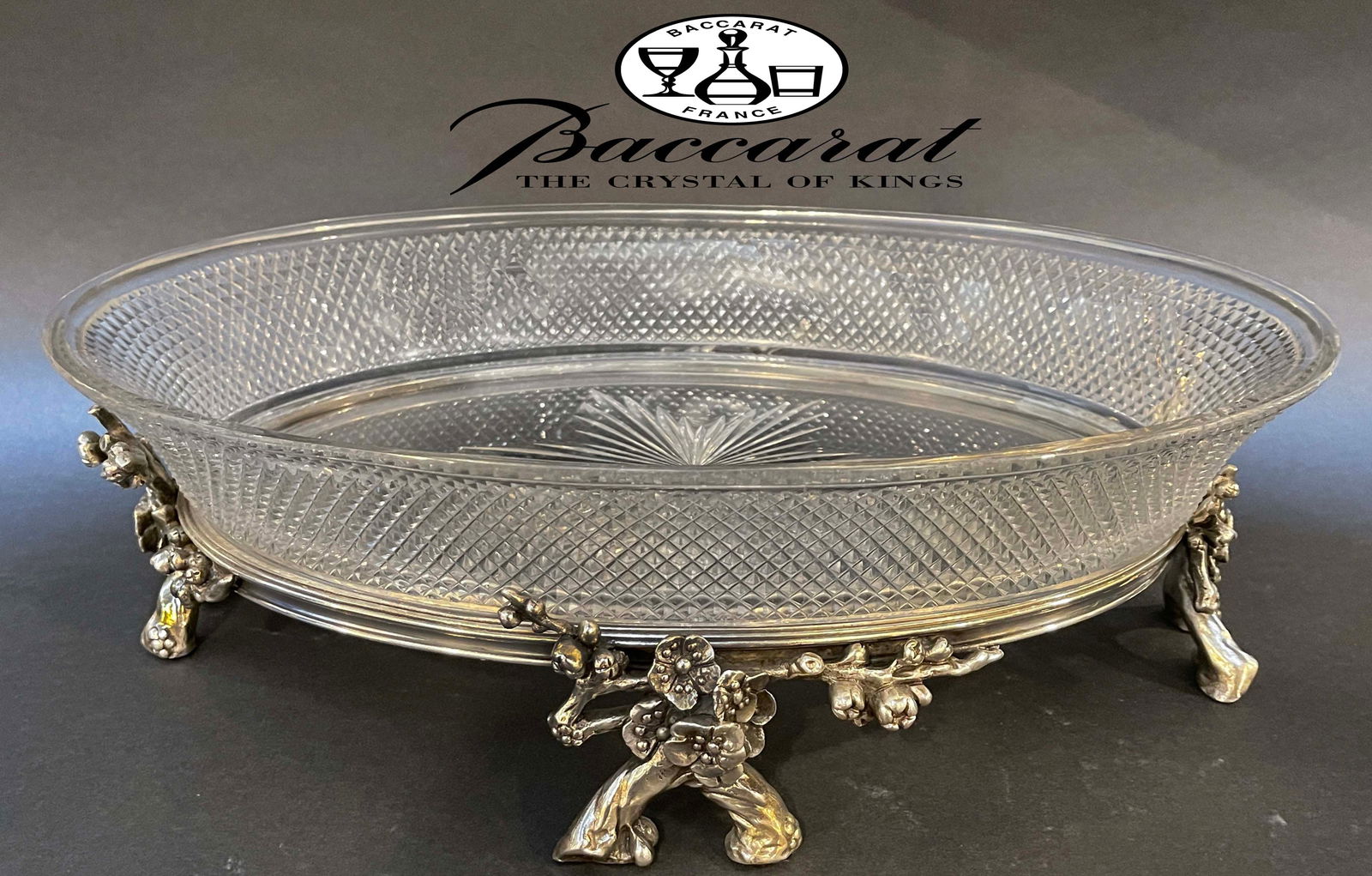A Fine Quality Of Baccarat Crystal Silver-Plated Bronze Centerpiece, Hallmarked: A Fine Quality Of French Baccarat Crystal Silver-Plated Bronze Centerpiece, Signed. 15" x 10" x 5" H
