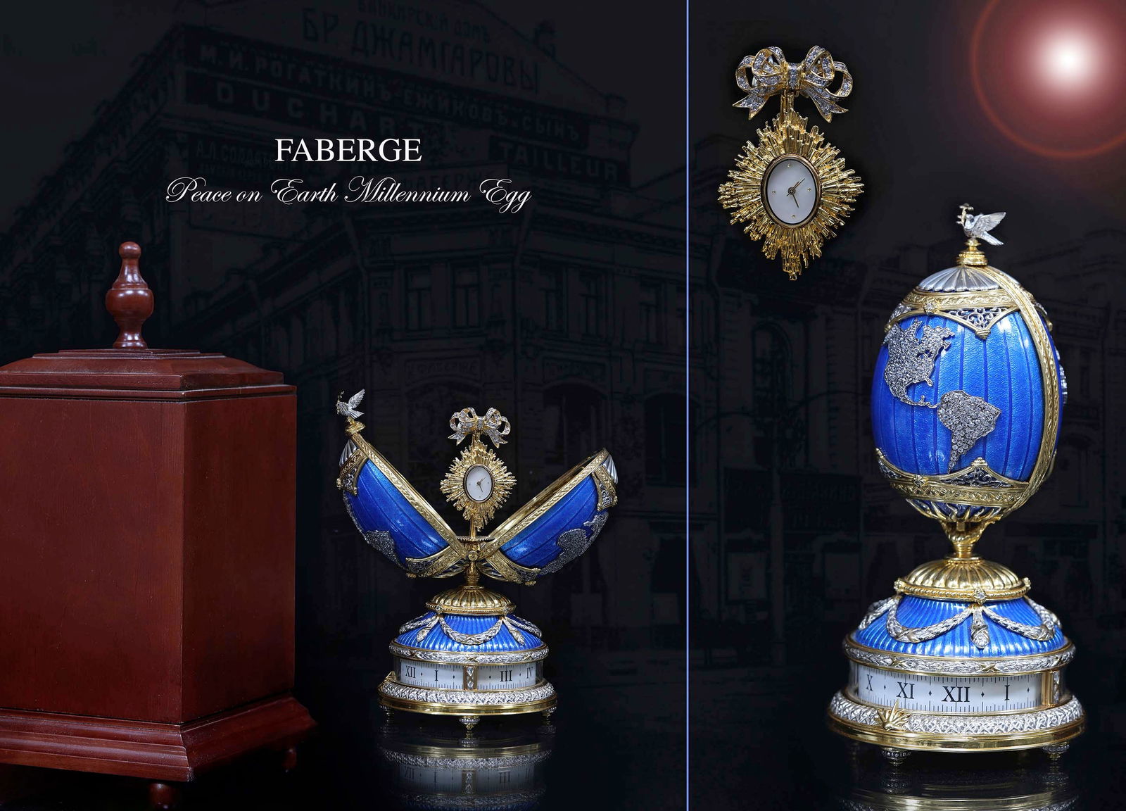 A Franklin Mint House of Faberge PEACE ON EARTH MILLENNIUM Egg, Boxed: A Franklin Mint House of Faberge PEACE ON EARTH MILLENNIUM Egg, Boxed. egg size: H 7" x D 3.5". ABOUT: That one word best sums up this outstanding piece of art. In the dramatic tradition of Carl Faber