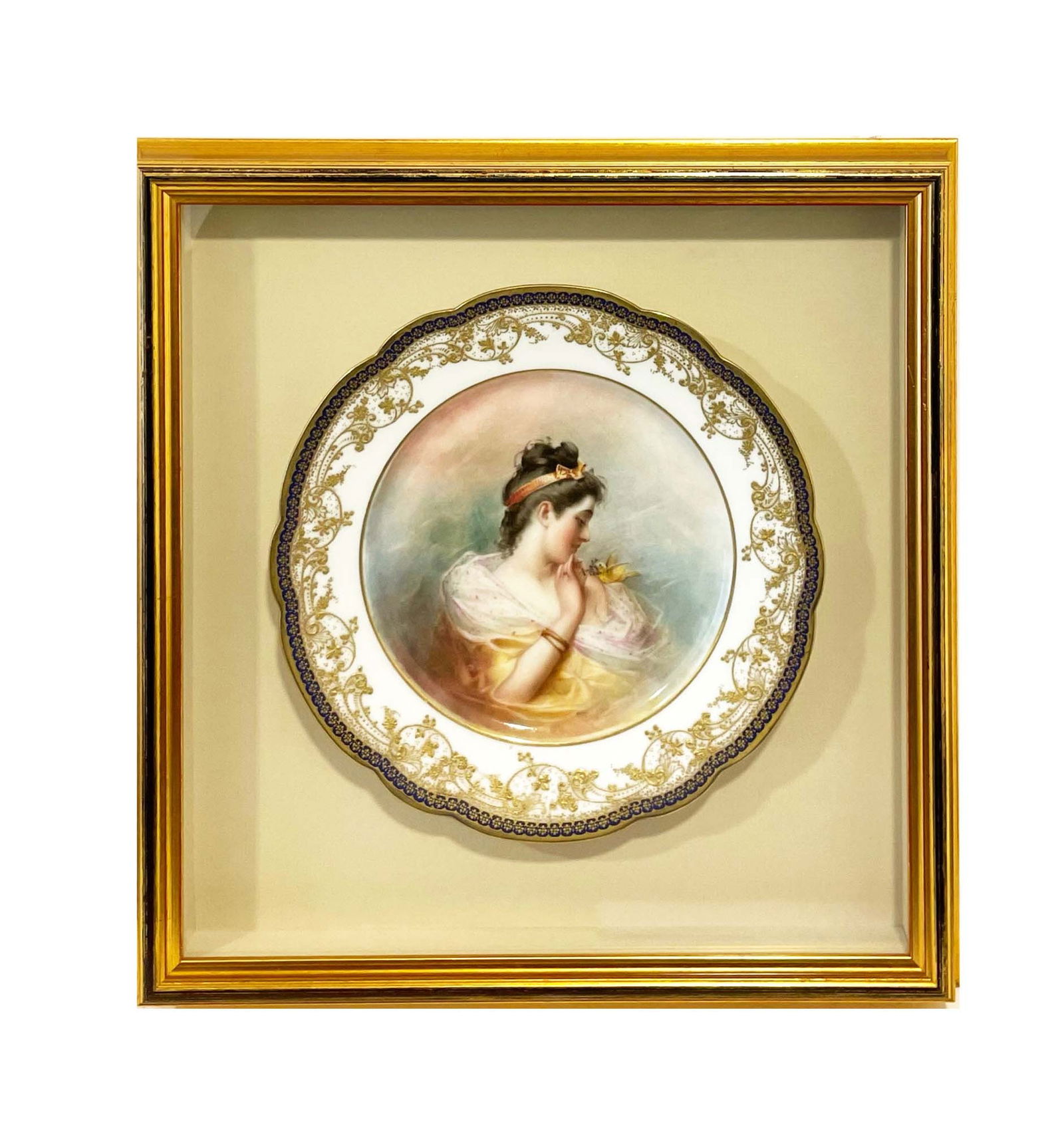 19th C. Hand Painted Porcelain Framed Decorative Wall Plate: 19th Century Hand Painted Porcelain Framed Decorative Wall Plate. Frame: 15" x 14.5"