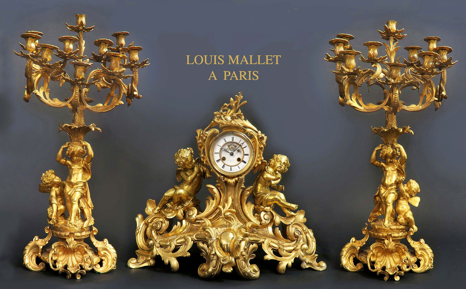 19th C. Large French Louis Mallet Figural Bronze Clock Set (1 of 7)