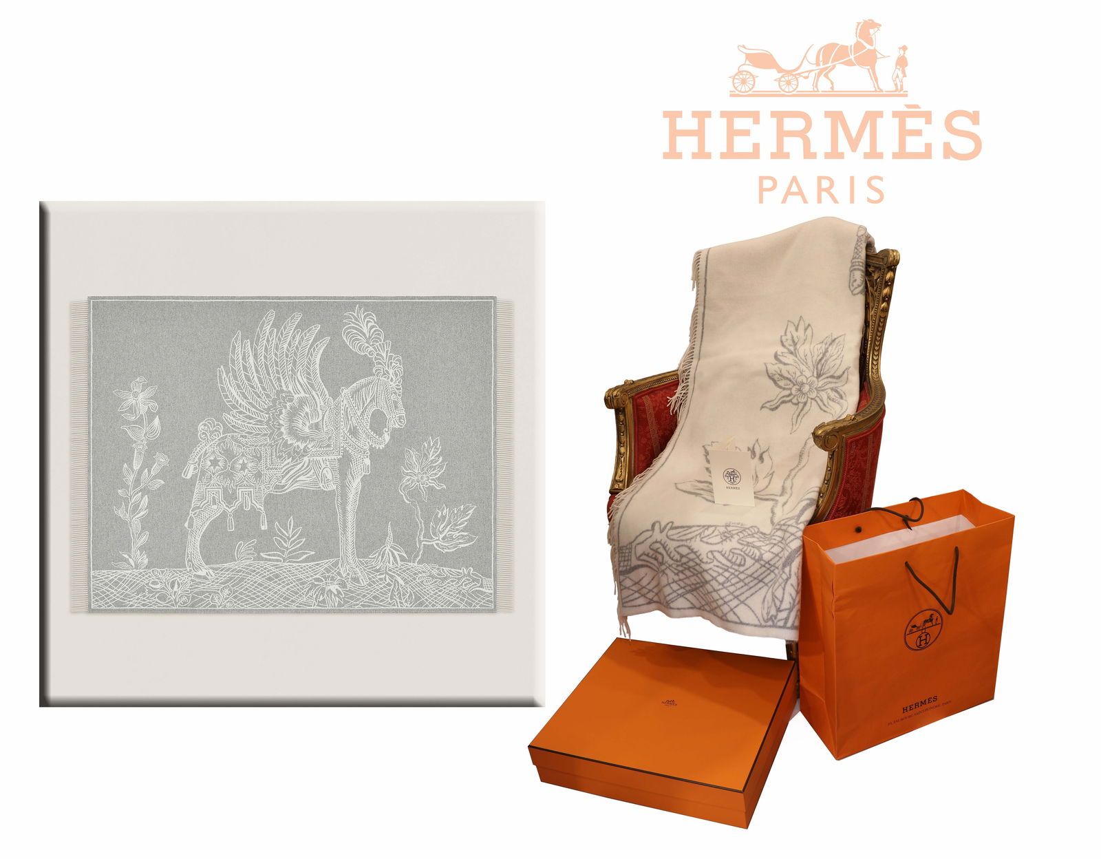 A Hermes Della Cavalleria Favolosa Blanket: Hermes Della Cavalleria Favolosa blanket featured in Gris and Ecru. BLANKET MEASURES: 59.1" x 78.7" (100 cm x 200 cm). Blanket in jacquard woven cashmere and wool with fringe finishing (72% cashmere a