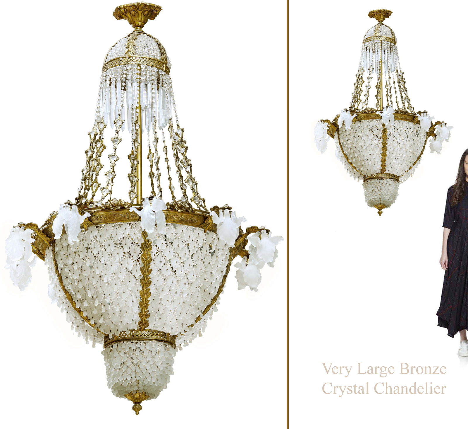 A Very Large French Empire Style Bronze Crystal Chandelier: A Very Large French Empire Style Bronze Crystal Chandelier. H 70" x D 52"