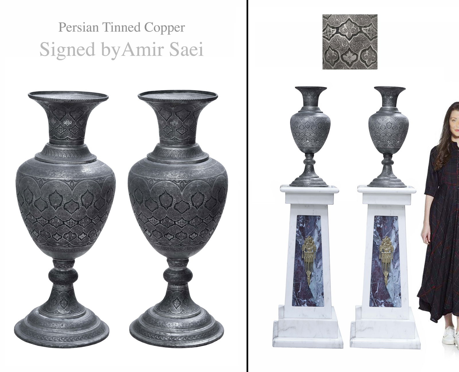 A Pair Of Large Persian Amir Saei Signed Tinned Copper Vases: A Pair Of Large Persian Amir Saei Signed Tinned Copper Vases. H 27". Note: The pedestals are NOT included.
