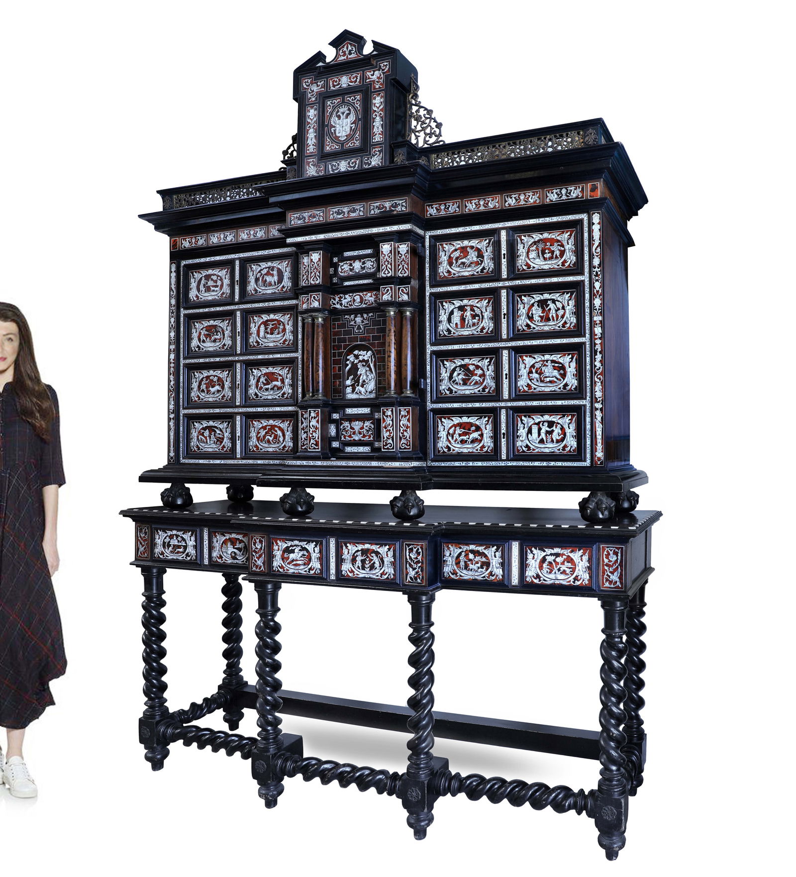 19th C. Spanish Tortoiseshell & Bone Inlaid, Ebonized Walnut Marquetry Cabinet On Stand: 19th C. Spanish Tortoiseshell & Bone Inlaid, Ebonized Walnut Marquetry Wooden Cabinet On Stand. H 93" x 65" x 18"