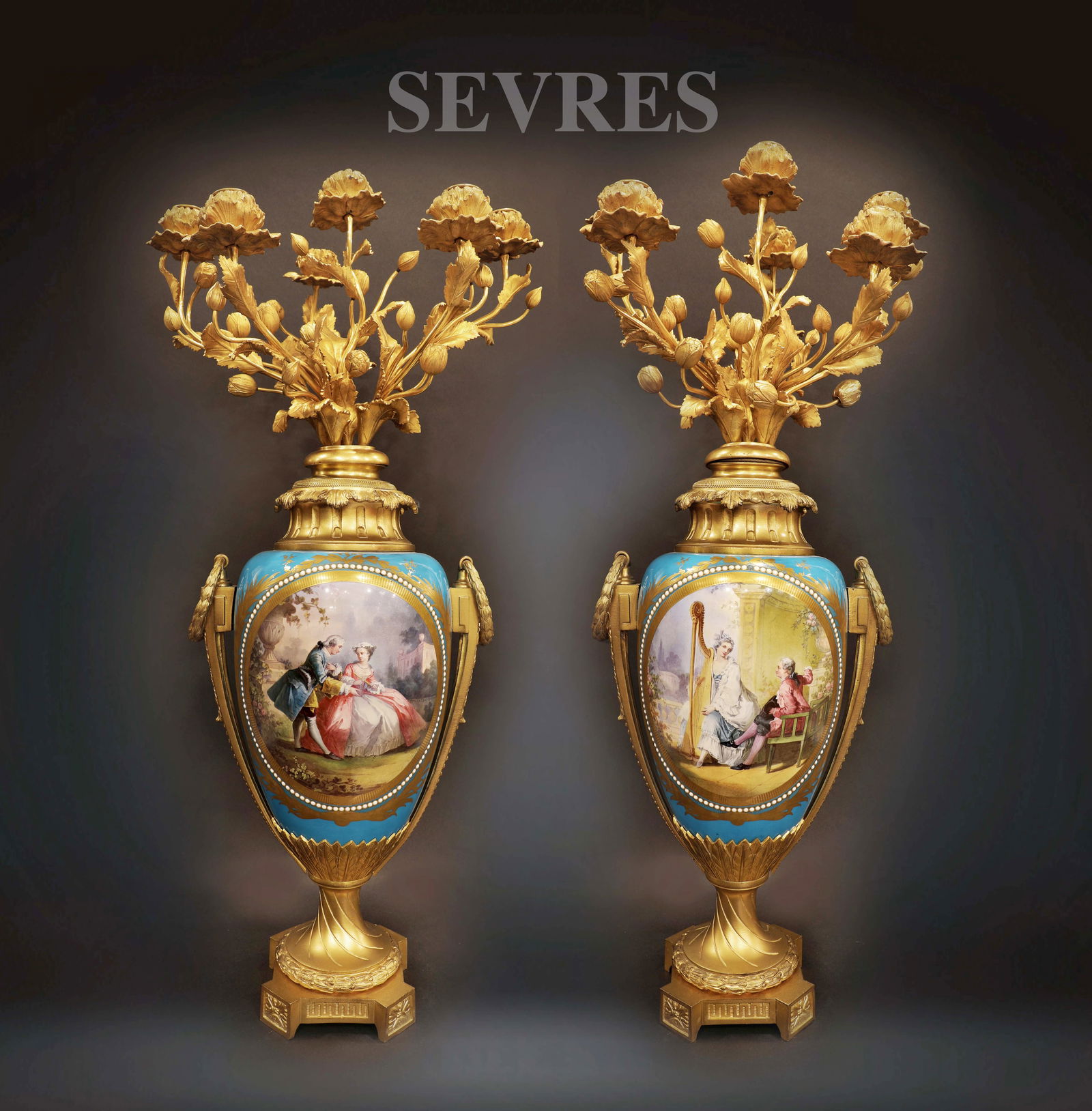 A Very Impressive Pair Of 19th Century French Sevres & Gilt Bronze Candelabras: A Very Impressive Pair Of 19th Century French Sevres Hand Painted Porcelain & Gilt Bronze Candelabras. H 29"