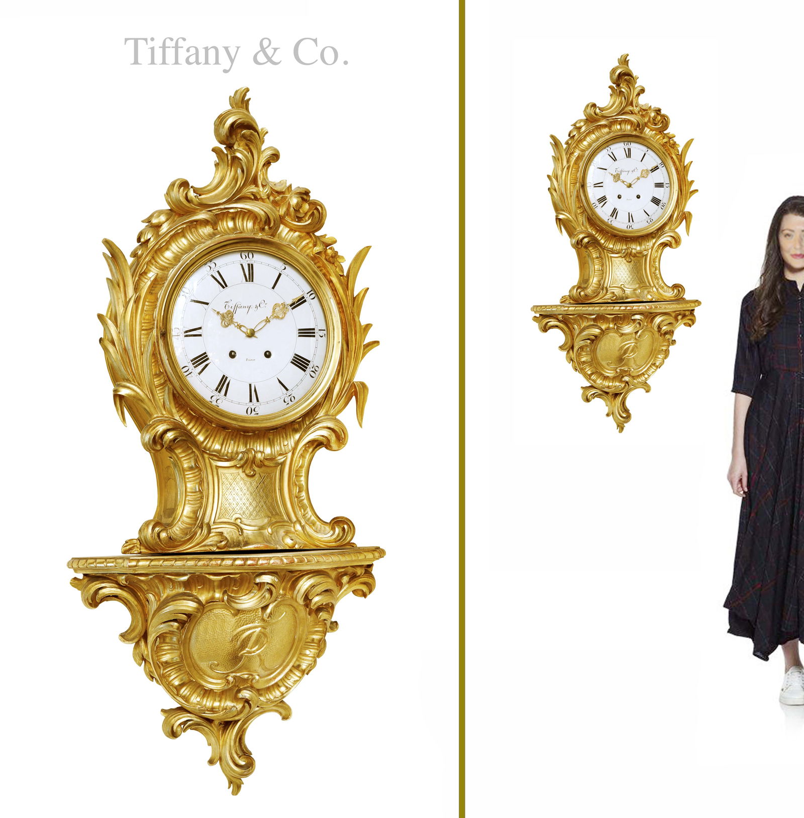 A Very Large 19th Century Tiffany & Co. Gilt Carved Bronze Wall Cartel Clock: A Very Large 19th Century French Tiffany & Co. Gilt Carved Bronze Wall Cartel Clock. Total Size (Base & clock) H 44" x 20" x 10"; Clock size: H 29" x 18" x 8.5"