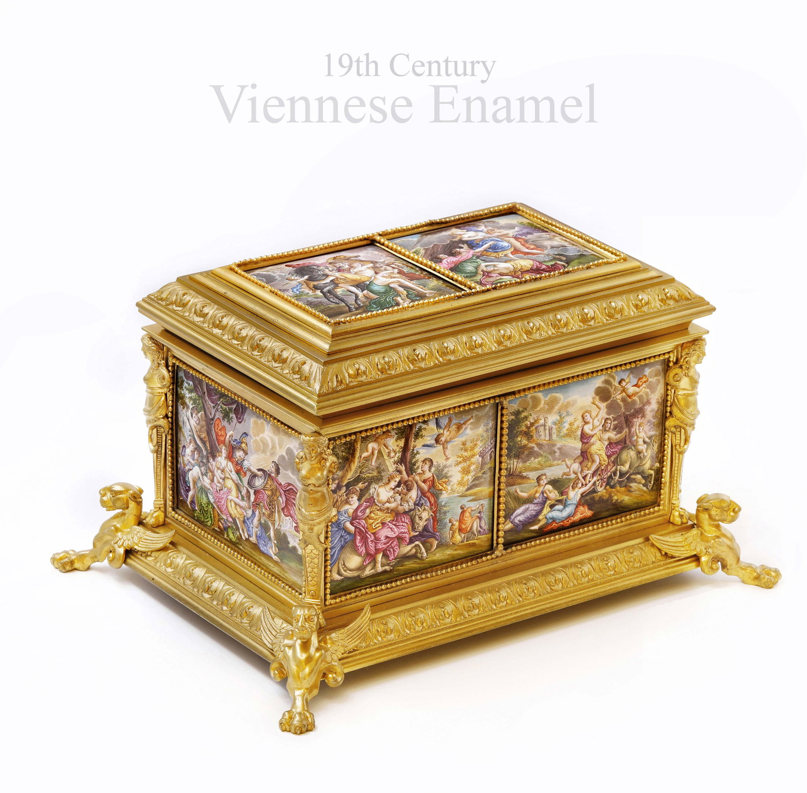 19th C. Viennese Hand Painted Plaques Figural Bronze Jewelry Box: 19th C. Austrian Viennese Hand Painted Porcelain Plaques Figural Bronze Jewelry Box. H 5.75" x 10.5" x 7.5"
