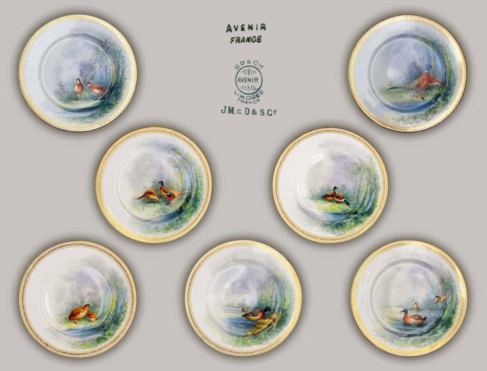 A Set Of Seven French Limoges Avenir Hand Painted Porcelain Plates, Hallmarked: A Set Of Seven French Limoges Avenir Hand Painted Porcelain Plates, Signed. D 10"