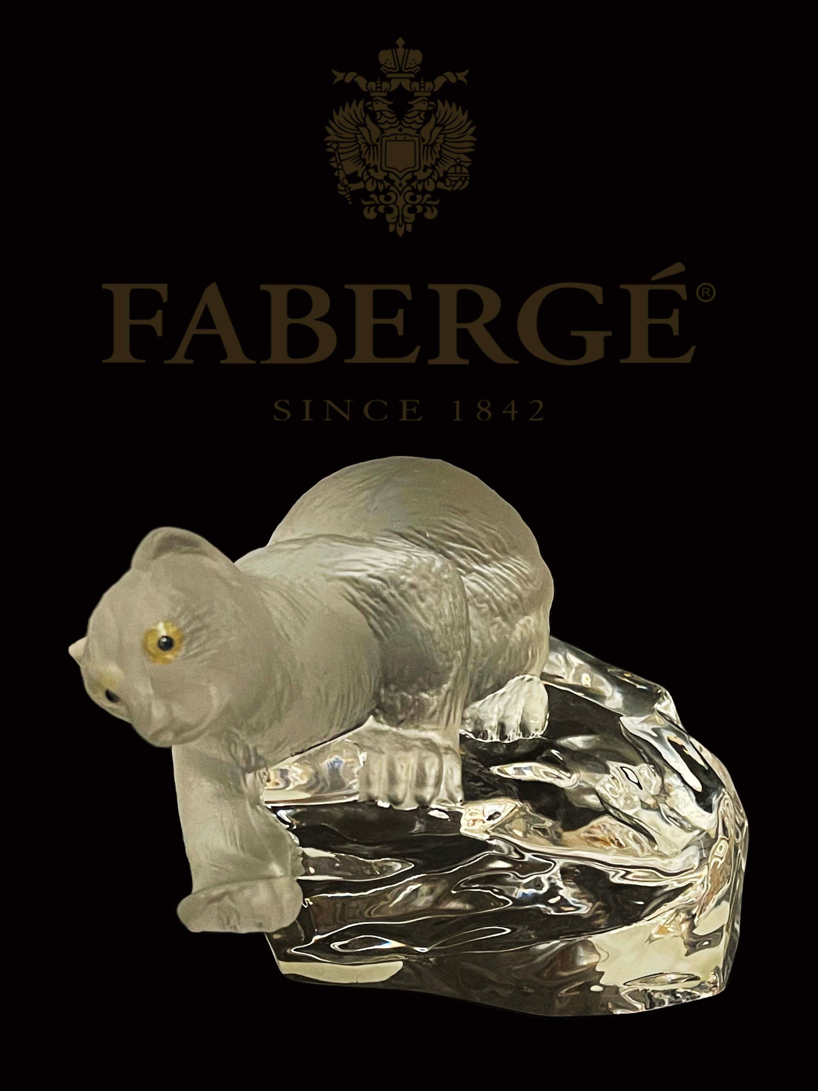A Carl Faberge Signed French Crystal Fishing Polar Bear Figurine: A Carl Faberge Signed French Crystal Fishing Polar Bear Figurine. 4" x 4.5" x 3.5" H