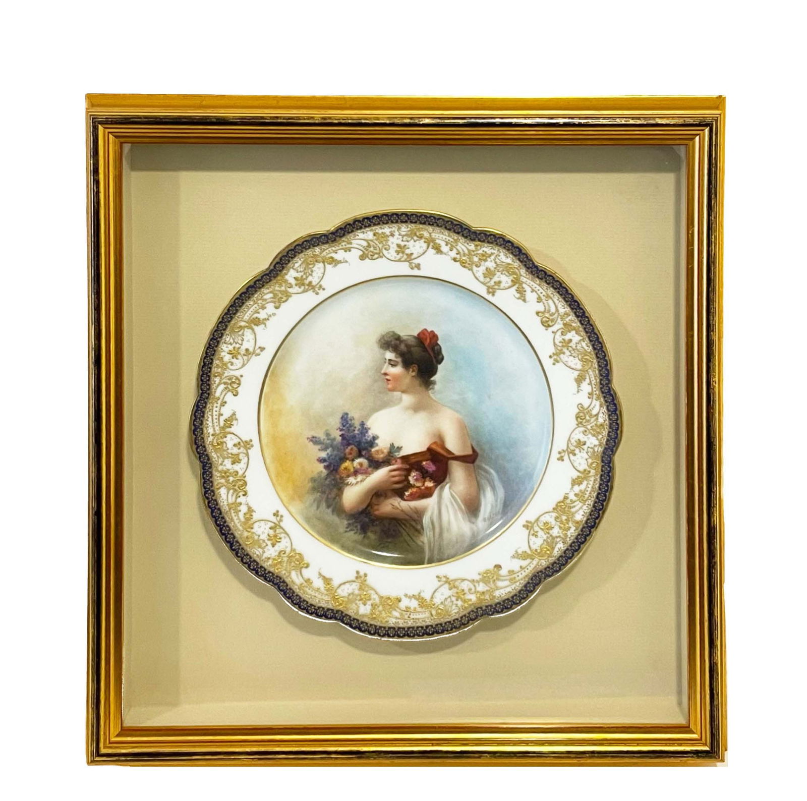 19th C. Hand Painted Porcelain Framed Decorative Wall Plate: 19th Century Hand Painted Porcelain Framed Decorative Wall Plate. Frame: 15" x 14.5"