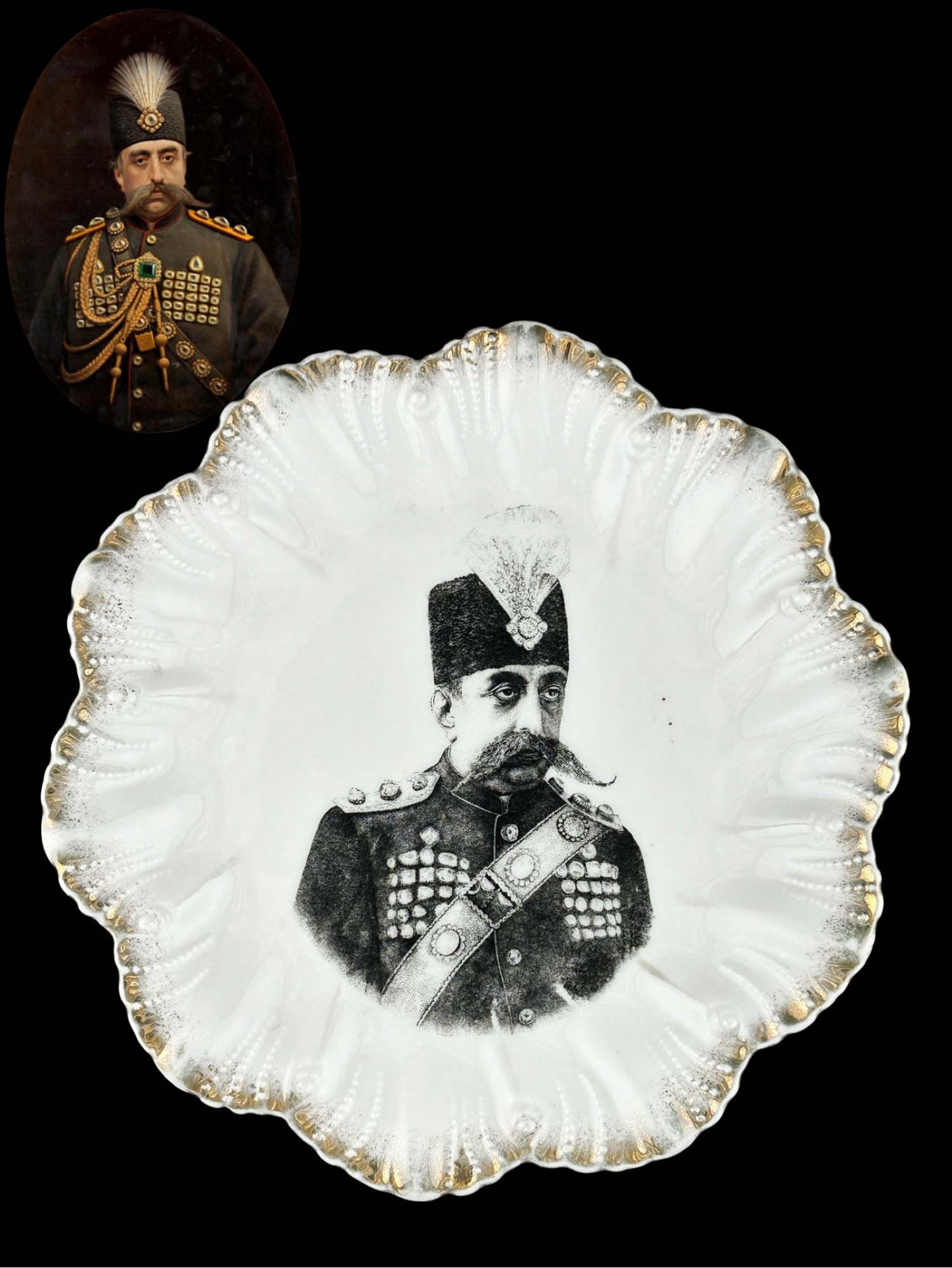 Iran Persian King Mozaffar Ad-Din Shah Qajar Portrait Decorative Wall Plate: Iran Persian King Mozaffar Ad-Din Shah Qajar Black Portrait Porcelain Decorative Wall Plate. Austrian Made. D 8.5"