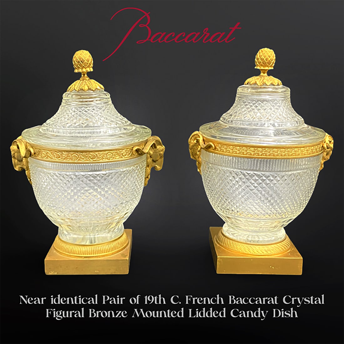 A Near Identical Pair of 19th C. Baccarat Crystal Figural Bronze Lidded Candy Dishes (1 of 10)