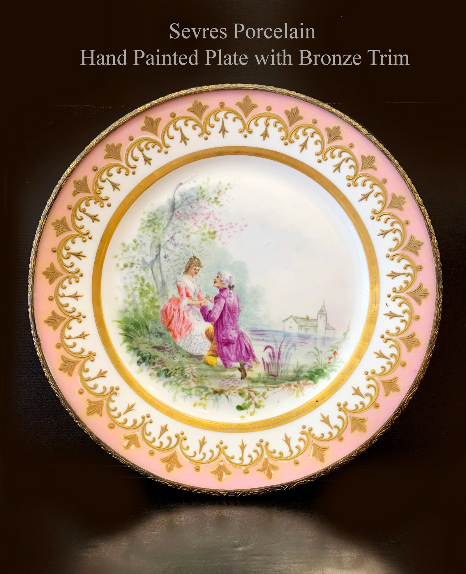 19th C. French Sevres Hand painted Porcelain Bronze Trimmed Plate, Signed: 19th C. French Sevres Hand painted Porcelain Bronze Trimmed Plate, Hallmarked. D 9.5"