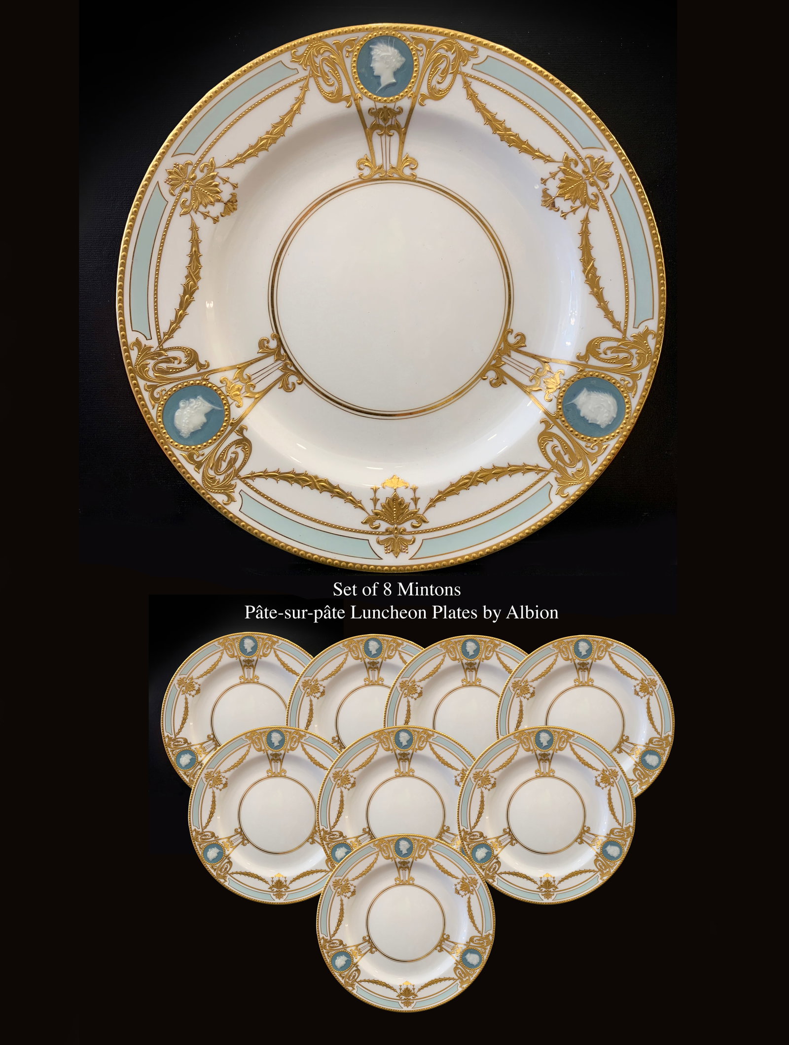 A Set of Eight English Mintons Pate-Sur-Pate Luncheon Plates, Hallmarked & Signed (1 of 4)