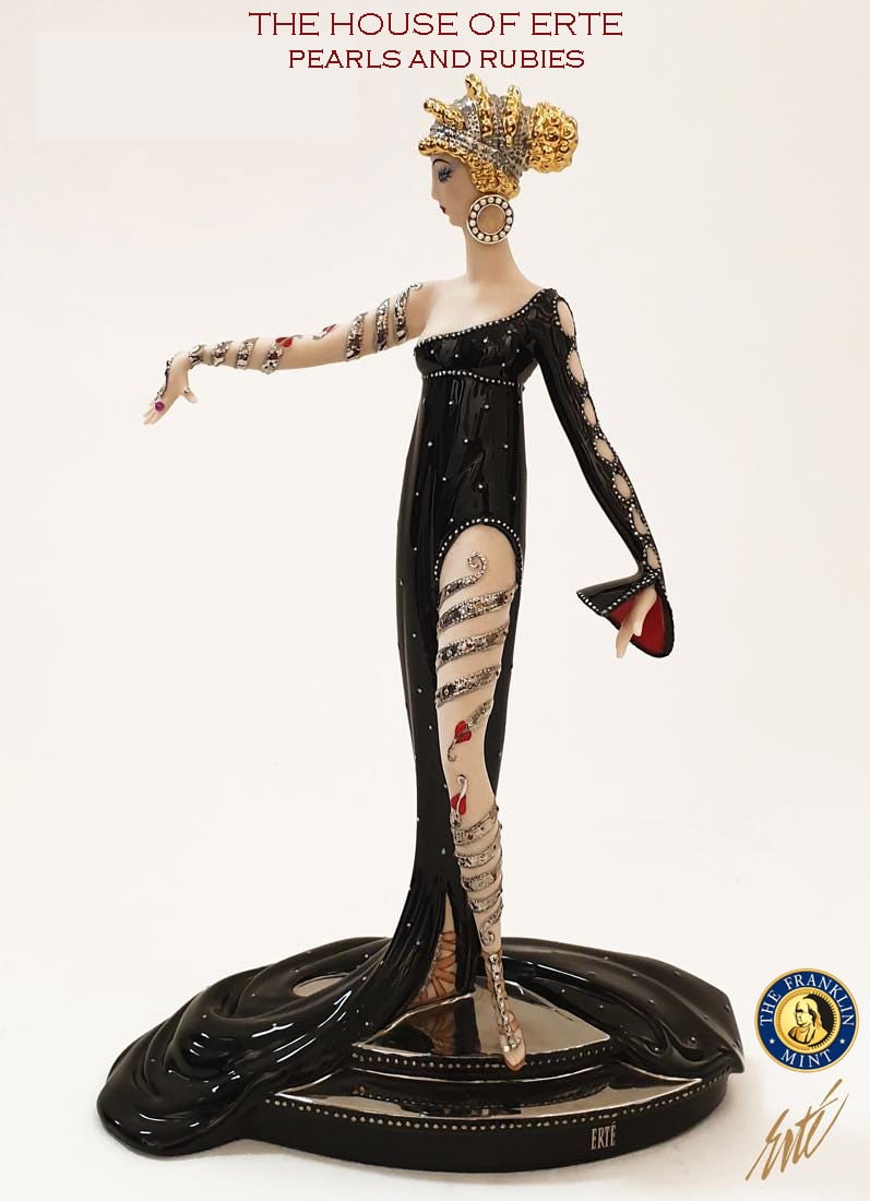 Pearls & Rubies, The Franklin Mint House of ERTE Figurine, Ltd Edition, Signed: Pearls & Rubies, A Vintage The Franklin Mint House of ERTE (Master of Art Deco) Hand Painted Fine Porcelain Statue, Limited Edition, No. M8643, Signed & Hallmarked. H 10" x 6.75" x 3.5".