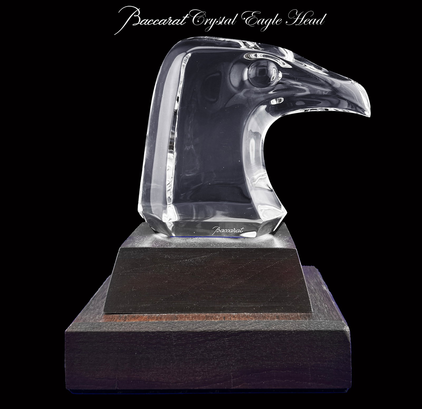 A Vintage BACCARAT Clear Crystal Eagle Head Sculpture on Wooden Base, Signed (1 of 11)