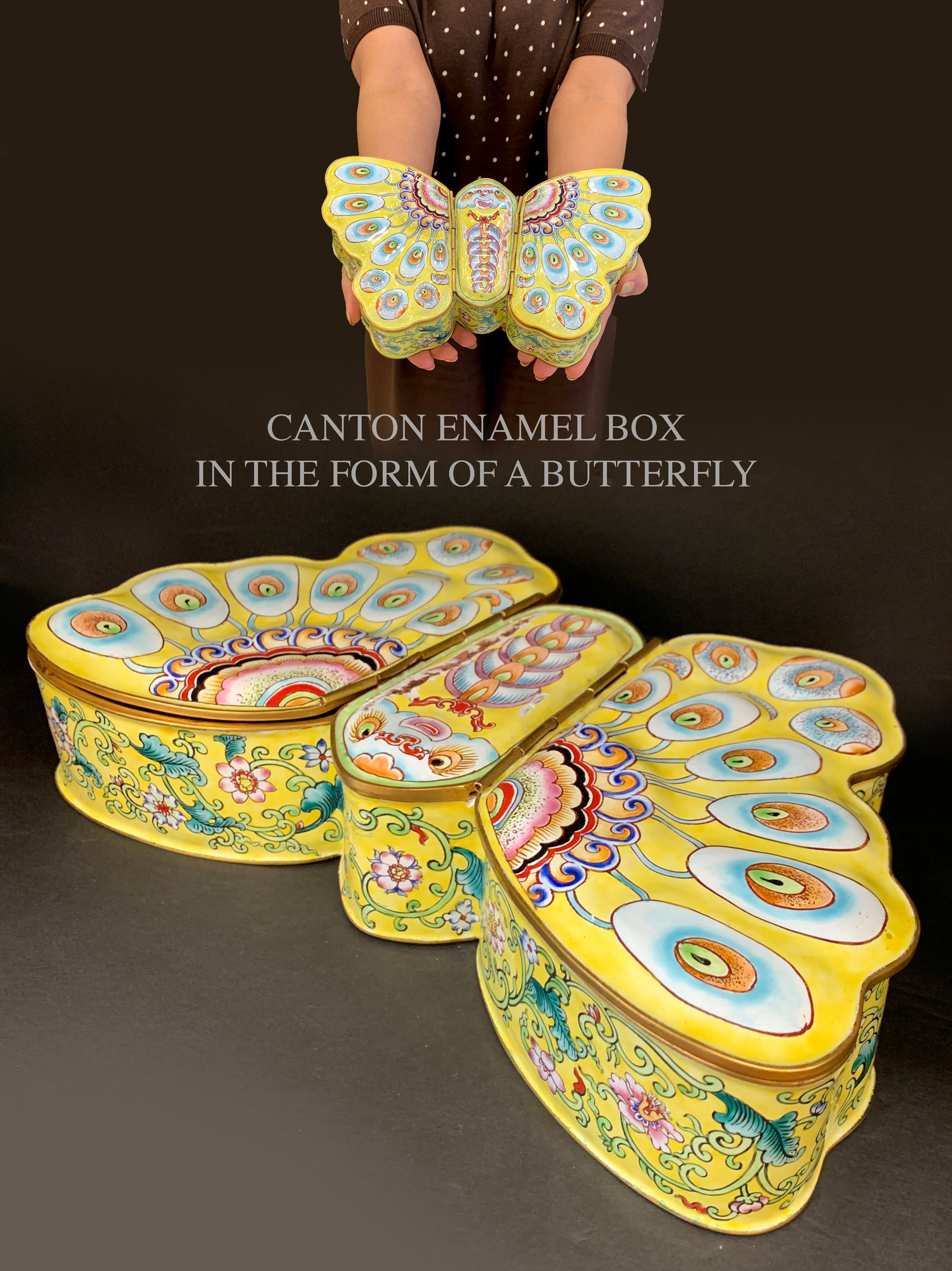 A Large Chinese Yellow Canton Enamel Butterfly Shape Box (1 of 6)