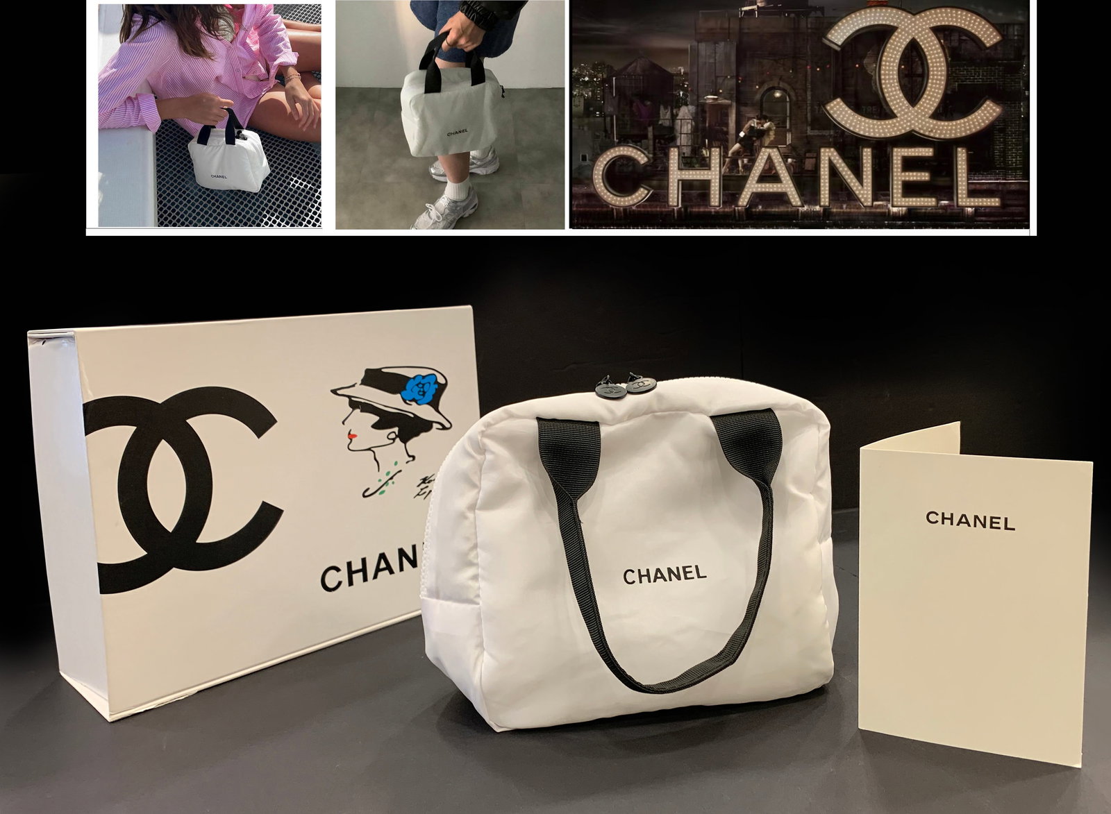 A French CHANEL White Cosmetic Women Bag: A French CHANEL White Cosmetic Women Bag. 10" x 8"