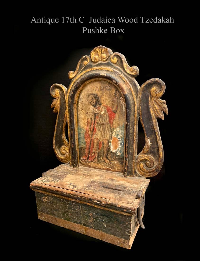 17th C. Judaica Painted Wood Tzedakah Pushke Box (1 of 5)