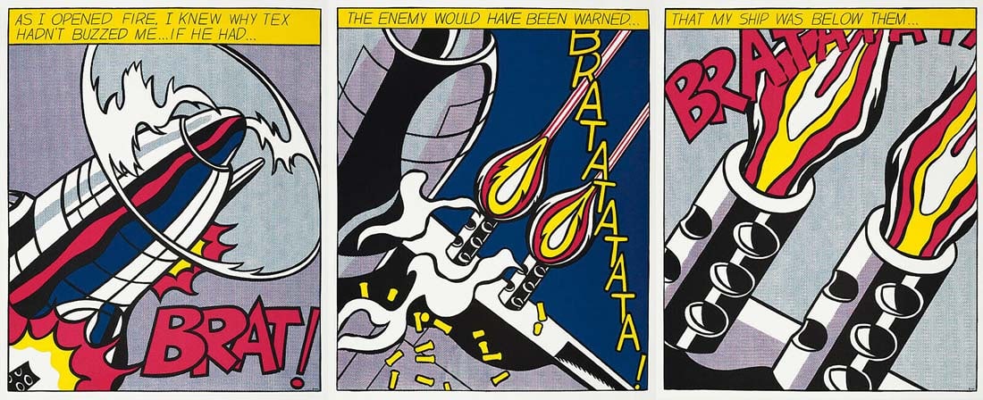 As I Opened Fire, Vintage Roy Lichtenstein Triple Exibition Poster Prints: As I Opened Fire 1964, A Roy Lichtenstein Triptych Lithography print posters (3 panels). This is a lithography from the painting As I Opened Fire (1964) in the collection of the Stedelijk Museum,