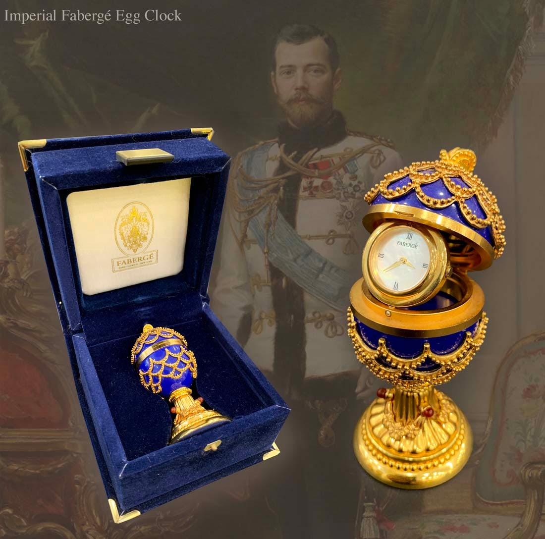 The House of Faberge Imperial Clock Egg, Boxed: The House of Faberge Imperial Clock Egg, Boxed. Circa 1989. Clock size: H 3.3"
