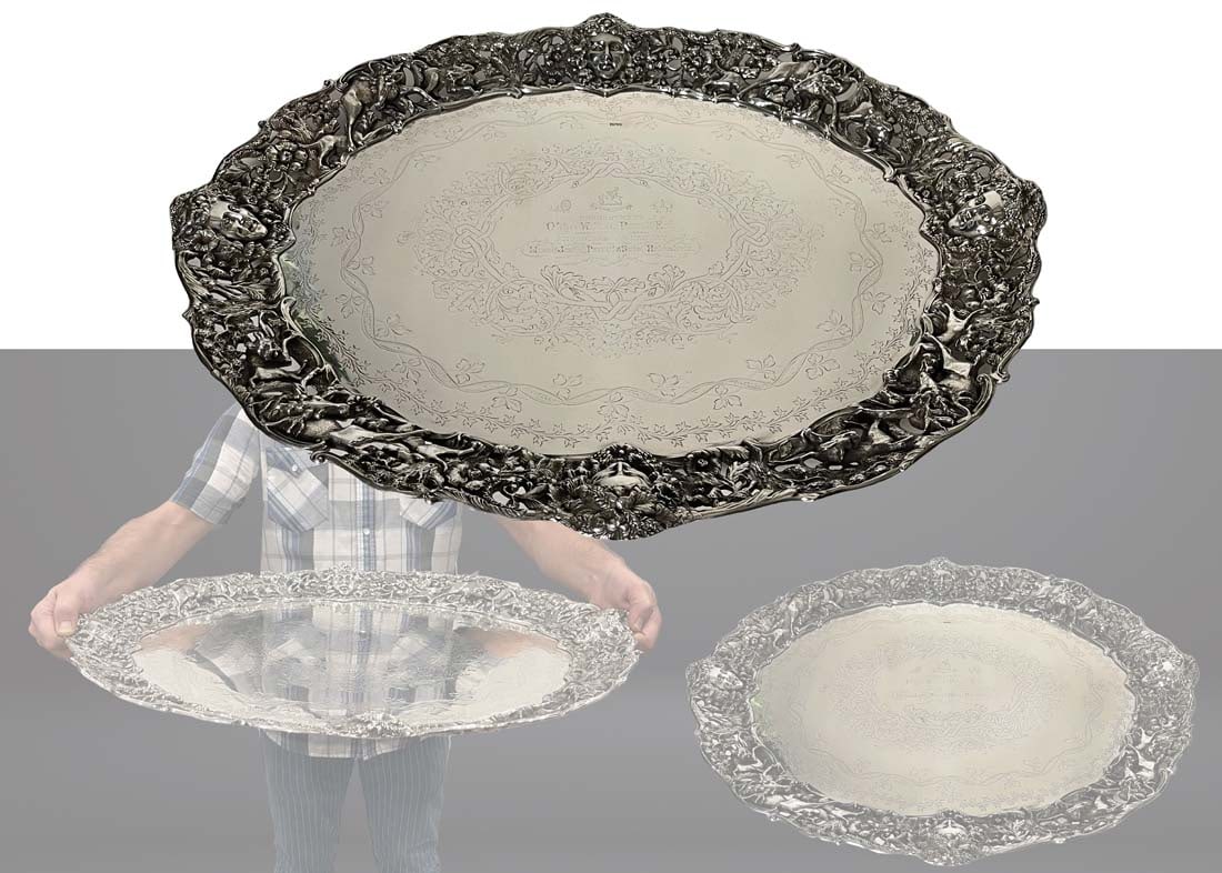 A Large & Heavy 19th C. English Memorial Silver Figural Tray (1 of 9)